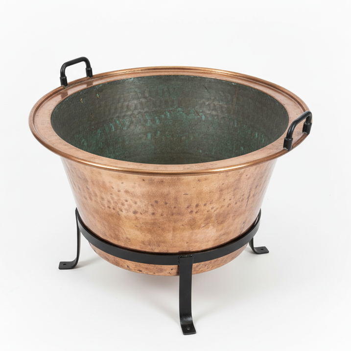 A large, antique copper cauldron pot planter with four legs, displayed on a stone pathway outdoors.