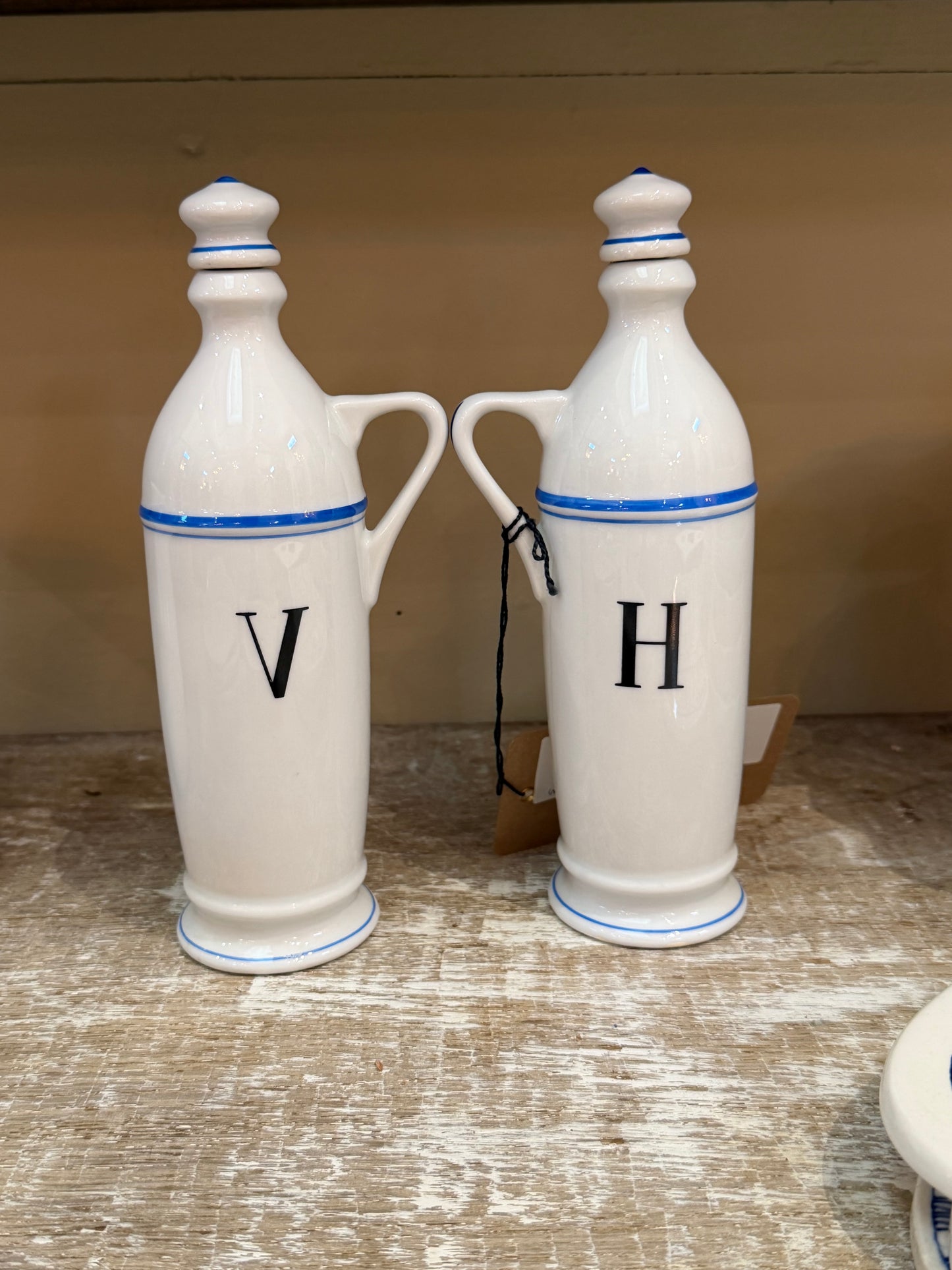 French Ceramic Oil & Vinegar Bottles with Blue Trim (H & V)
