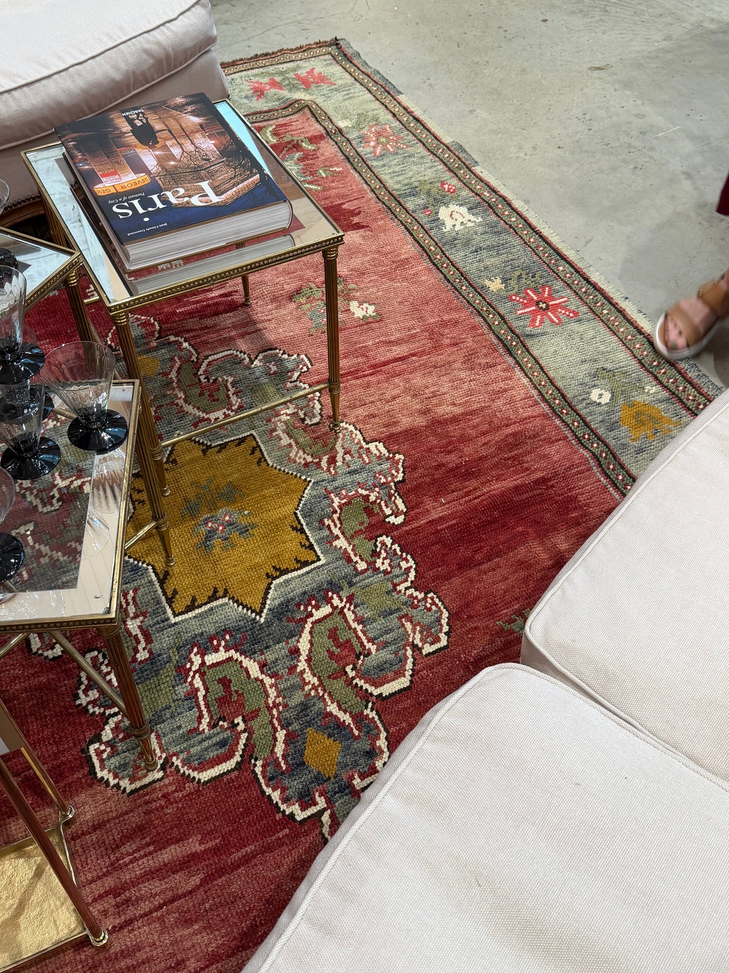 Vintage Turkish Hand Knotted Red and Green Rug