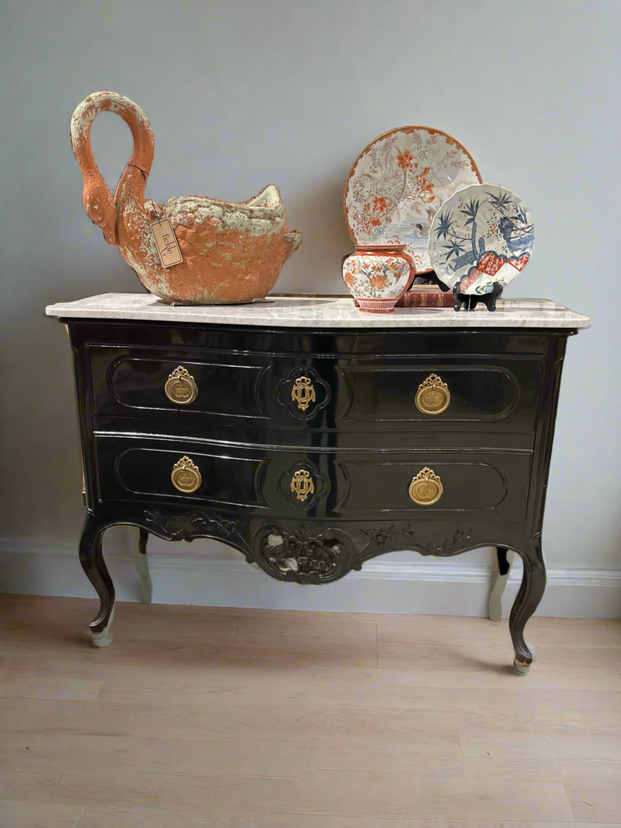 Black Dresser with Brass Handles White Marble Top Front Door Swings Opening Black Dresser with Brass Handles White Marble Top Front Door Swings Opening