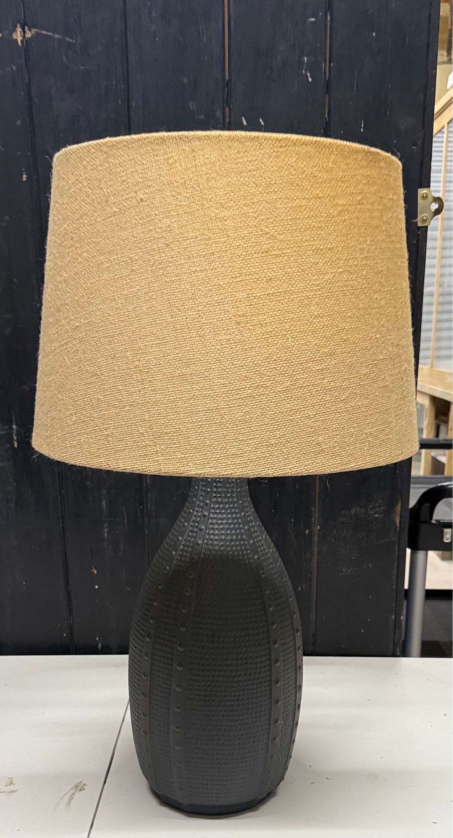 Primitive Dark Satin Table Lamp with Flour Sack Shade