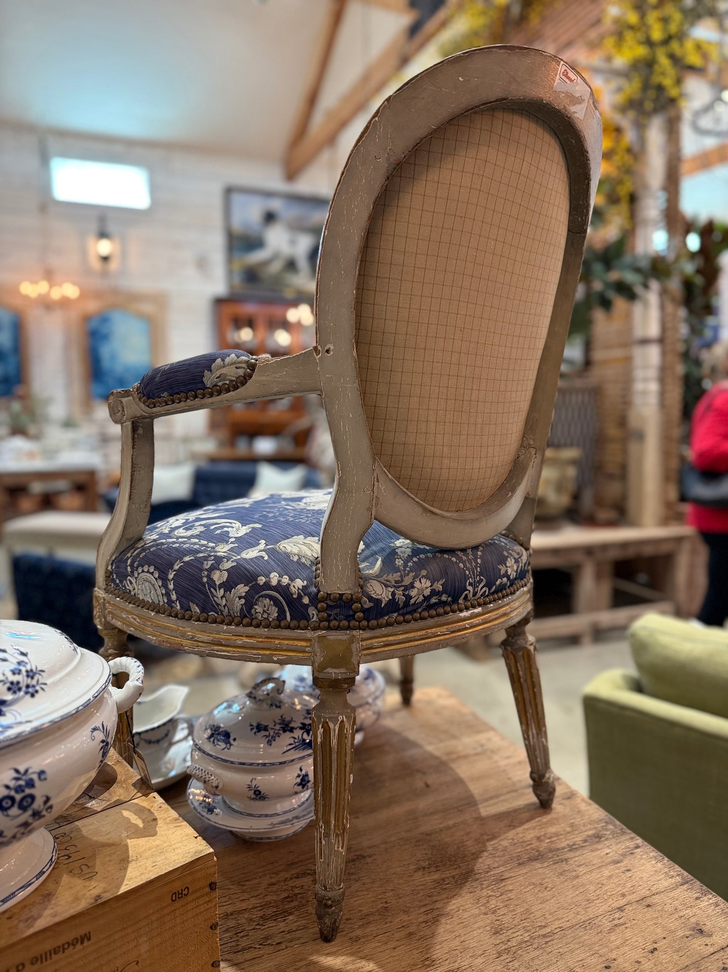 Antique French Louis XVI Style Armchair with Carved Frame & Urn Motif Upholstery