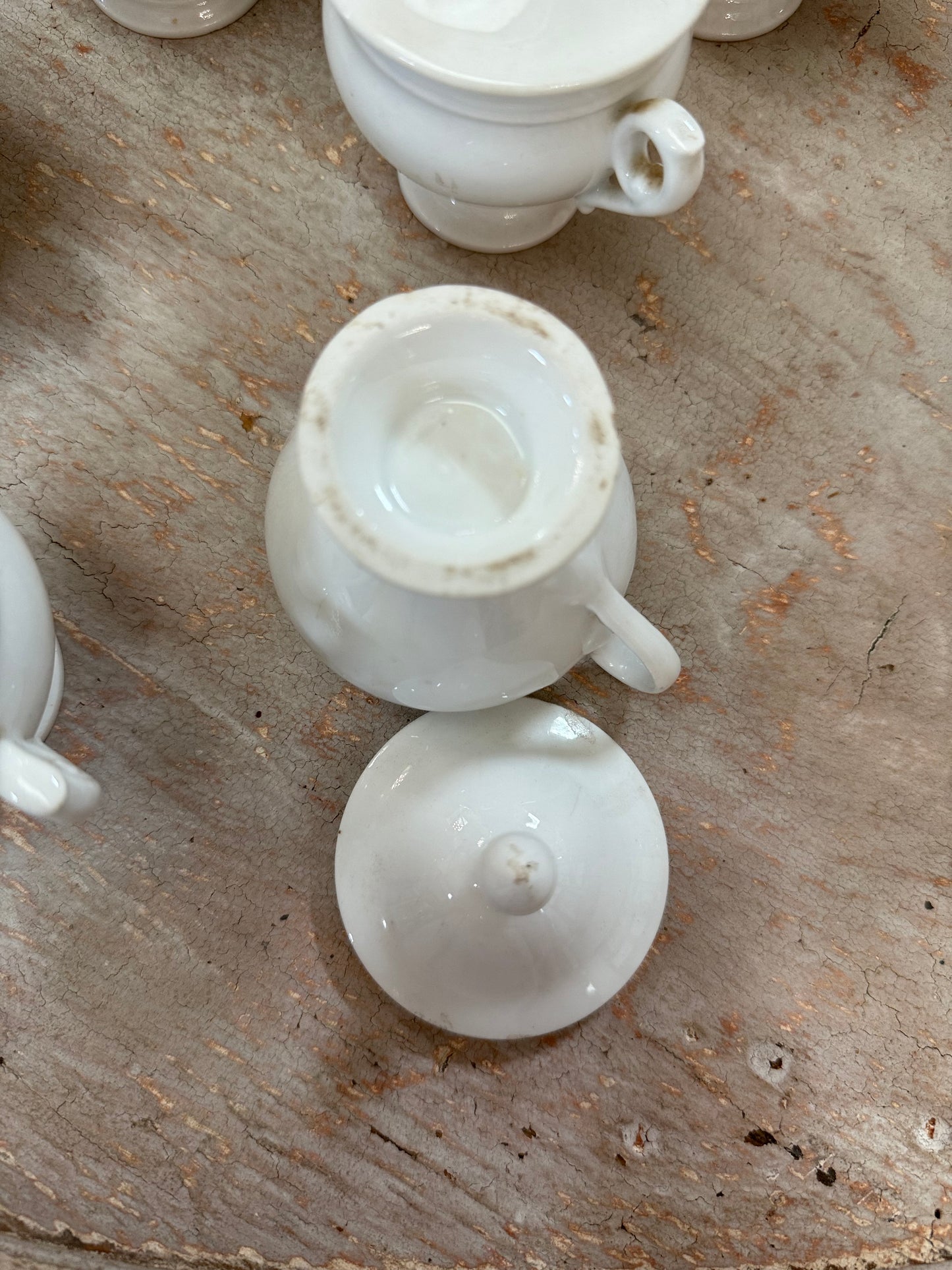 Antique French White Porcelain Pots de Crème Service on Pedestal Stand – 9 Pieces