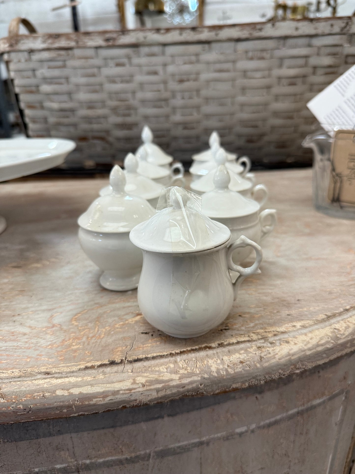 Antique French White Porcelain Pots de Crème Service on Pedestal Stand – 9 Pieces