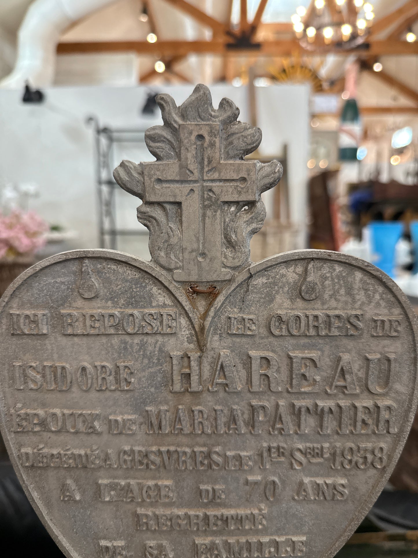 Heart on Stand Antique 1938 French Memorial Funerary Grave Marker – Isidore Hareau