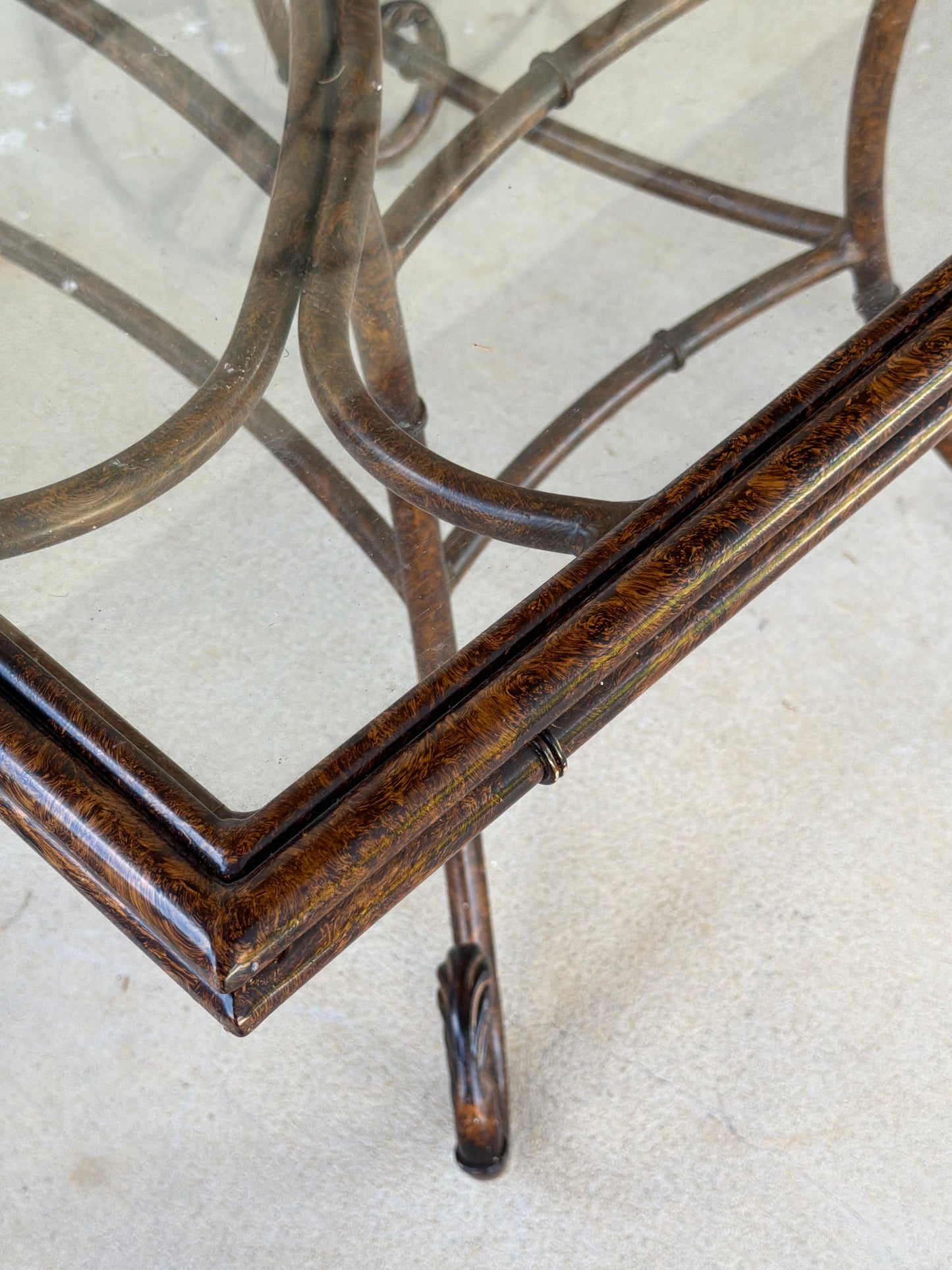 Lacquered Metal Faux Bamboo Table with Glass Top