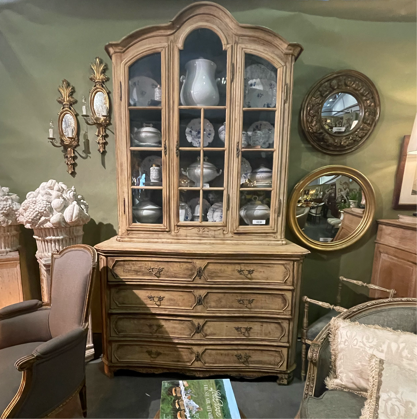 French Provincial Two Piece Hutch with Blue Interior and Original Glass