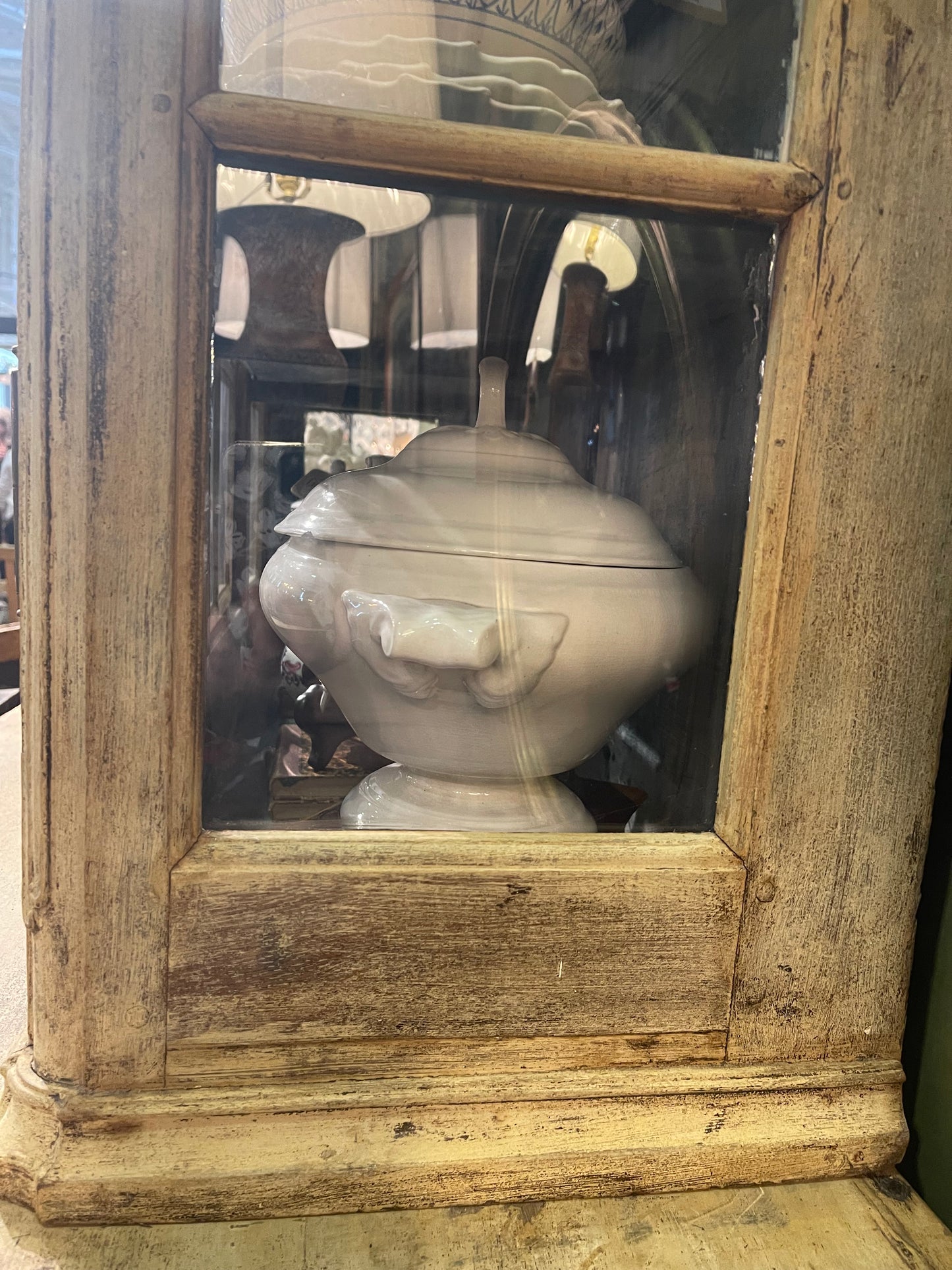 French Provincial Two Piece Hutch with Blue Interior and Original Glass