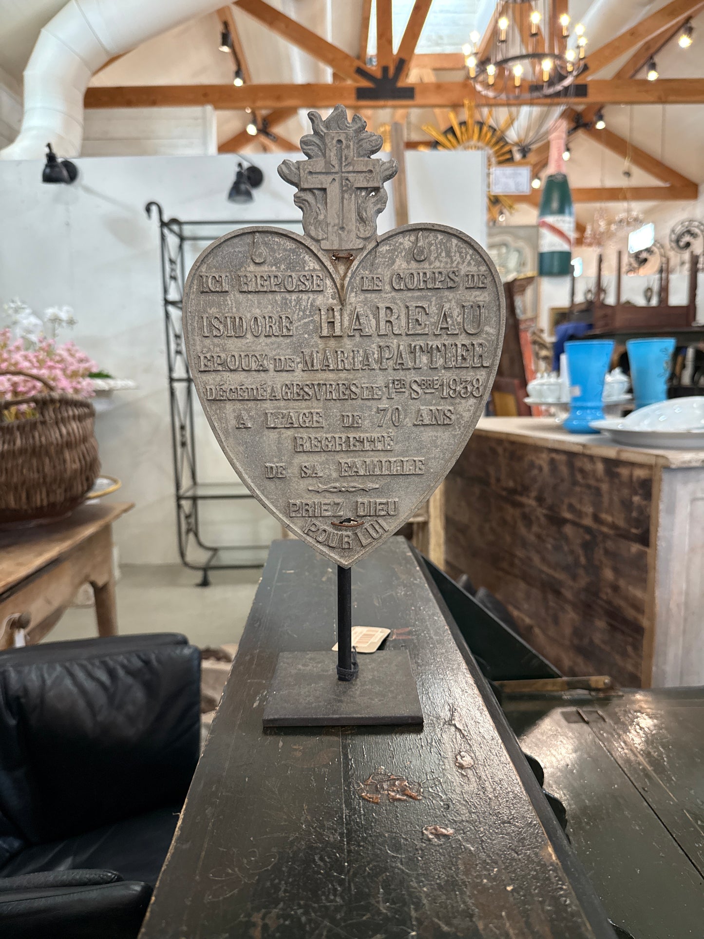 Heart on Stand Antique 1938 French Memorial Funerary Grave Marker – Isidore Hareau