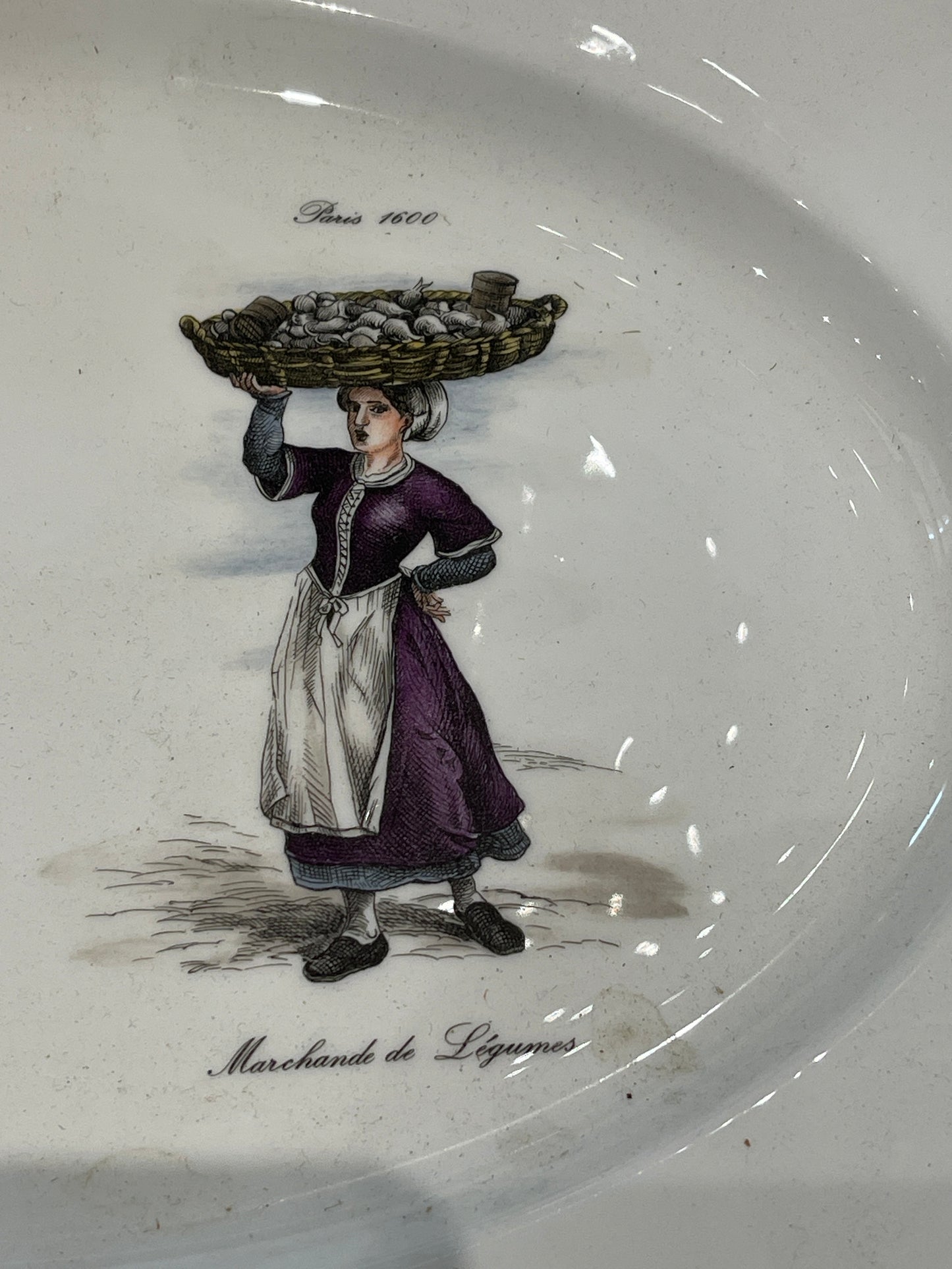 French Platter with working class figures from 1600 in the style of Limoges