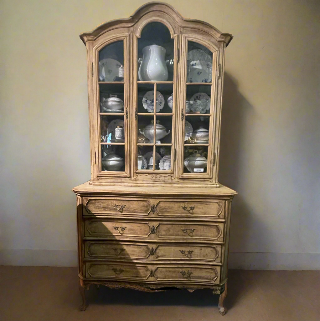 French Provincial Two Piece Hutch with Blue Interior and Original Glass