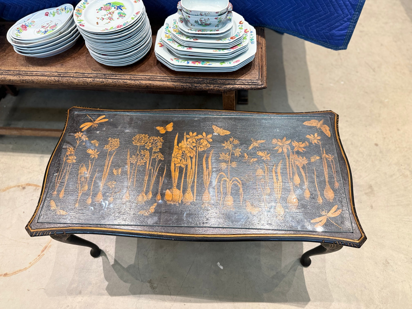 Chinoiserie Black Coffee Table with Botanical Motif