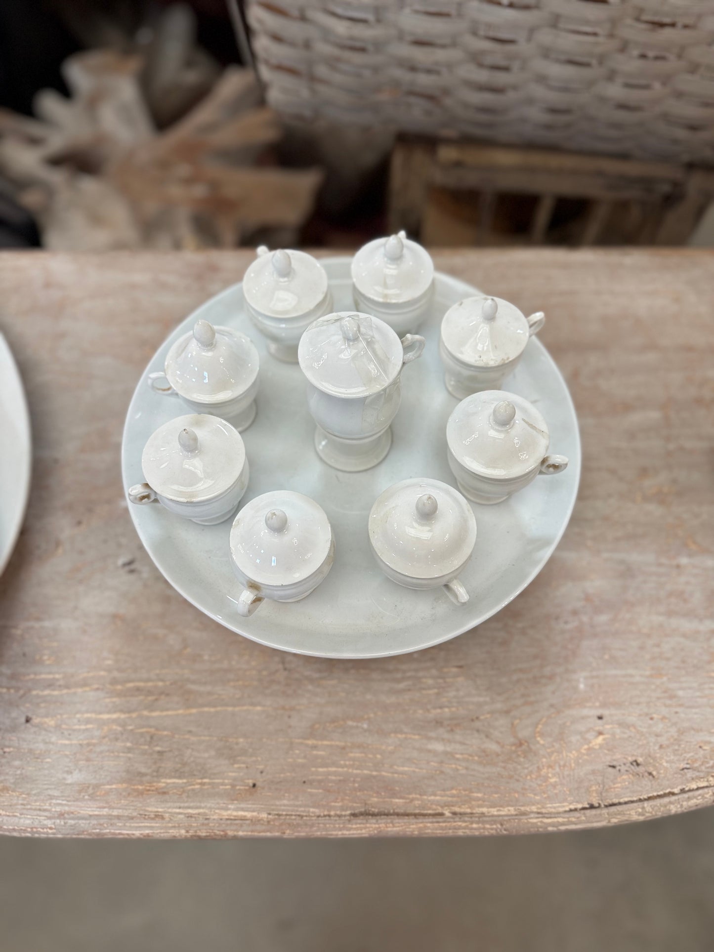 Antique French White Porcelain Pots de Crème Service on Pedestal Stand – 9 Pieces