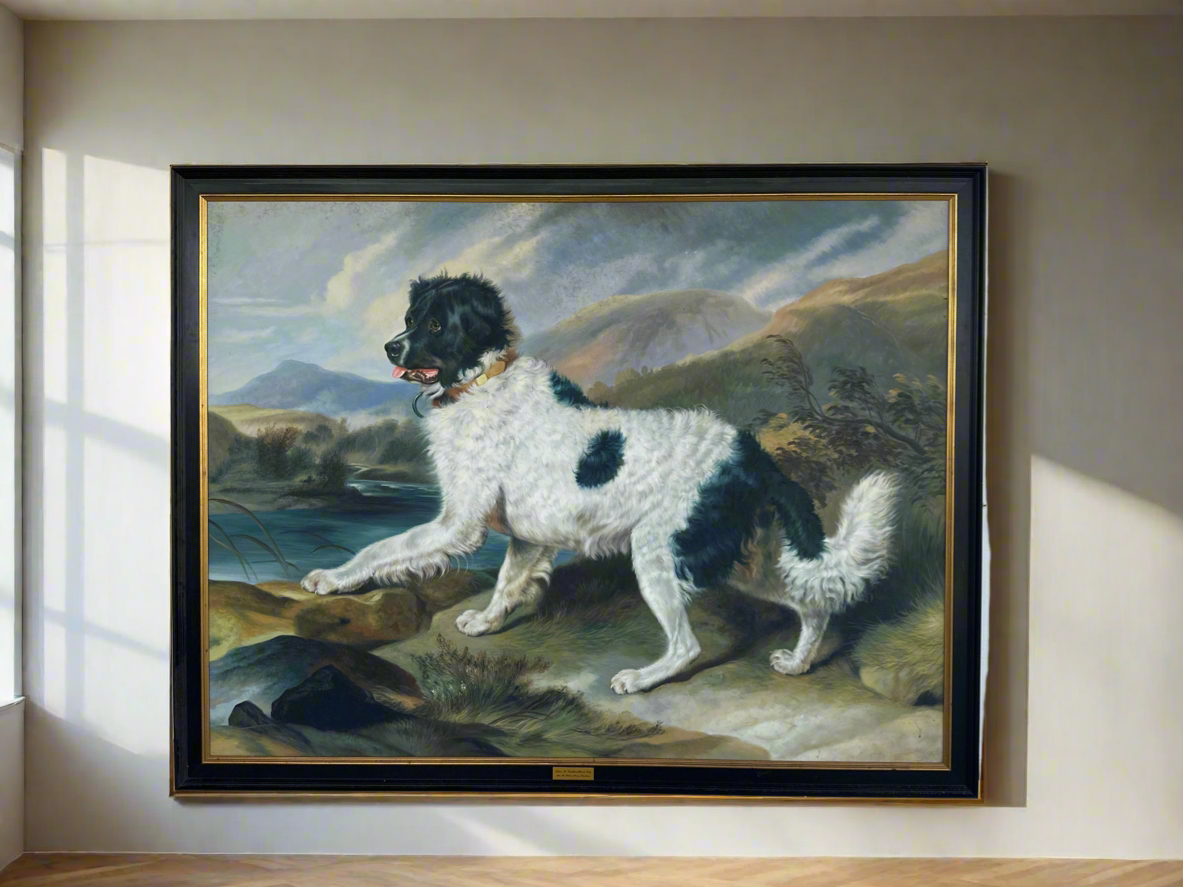 Oil on Canvas Framed Newfoundland Dog Painting after Landseer
