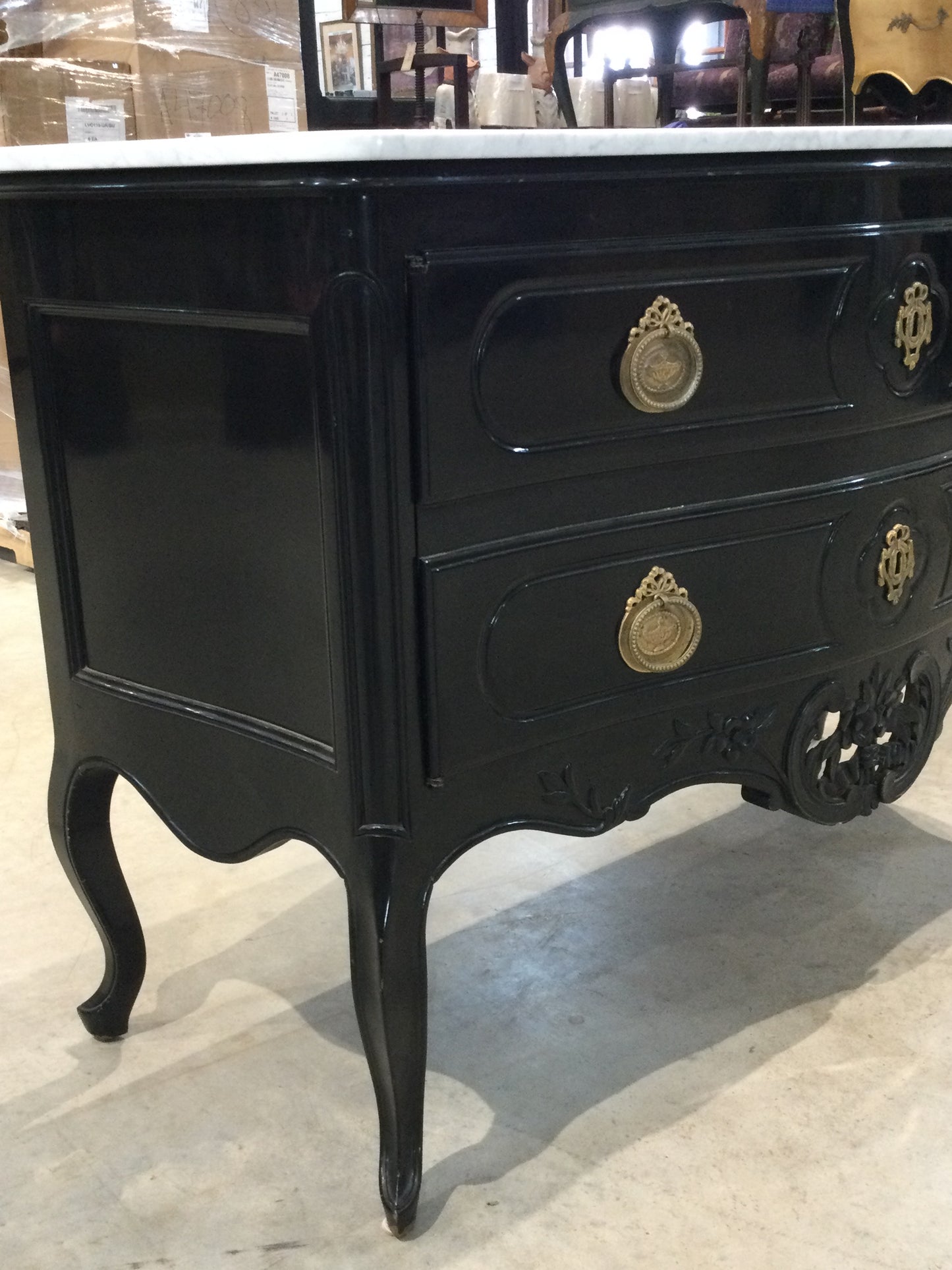 Black Dresser with Brass Handles White Marble Top Front Door Opening