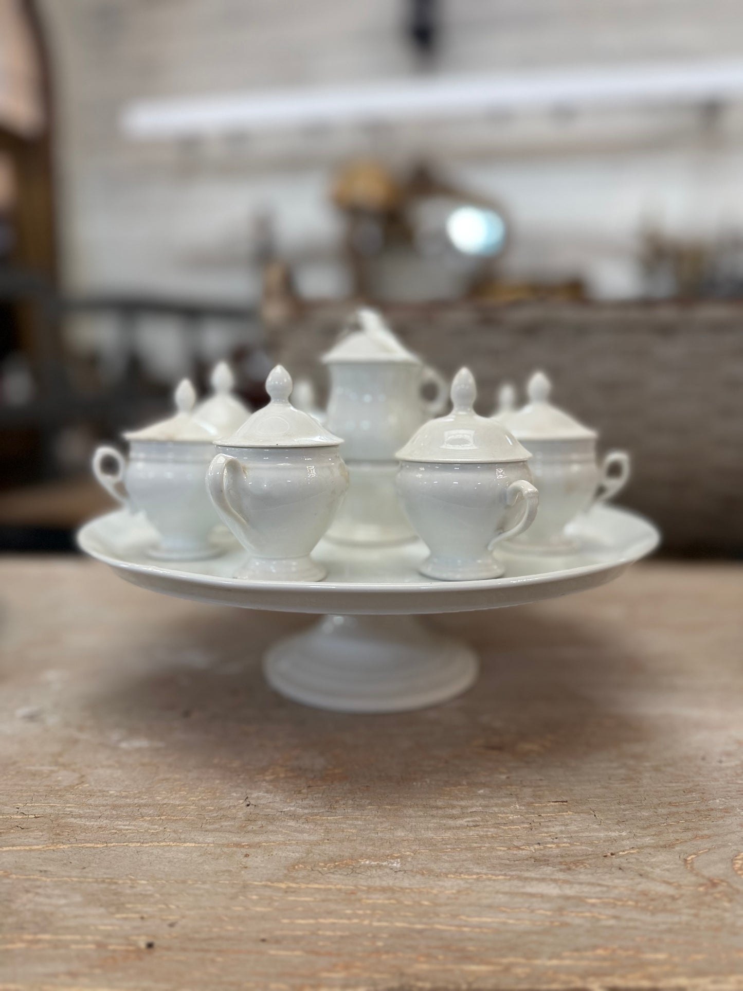 Antique French White Porcelain Pots de Crème Service on Pedestal Stand – 9 Pieces