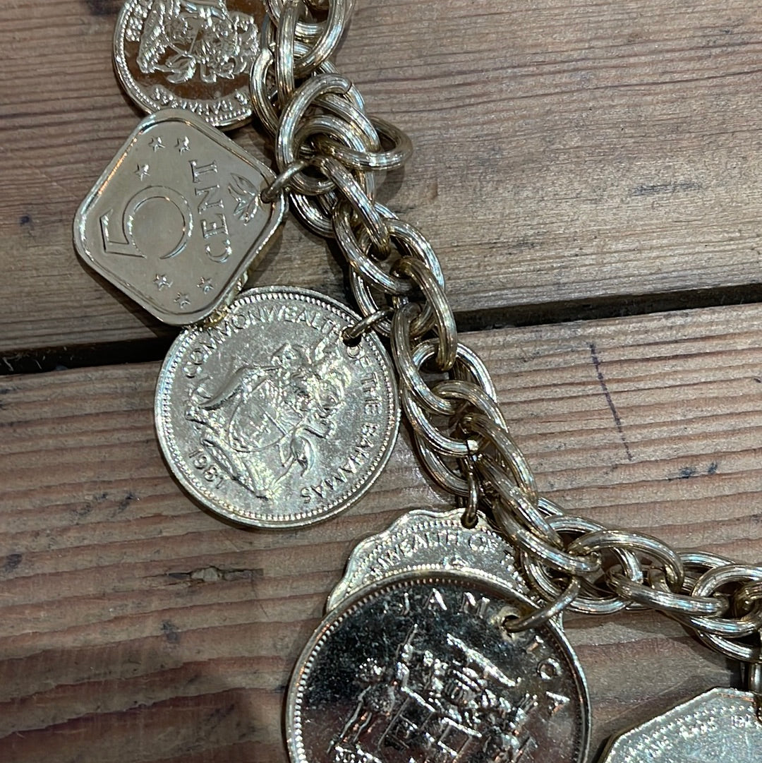 Vintage 1980s Franklin Mint The Golden Caribbean 14 Coins Charm Necklace