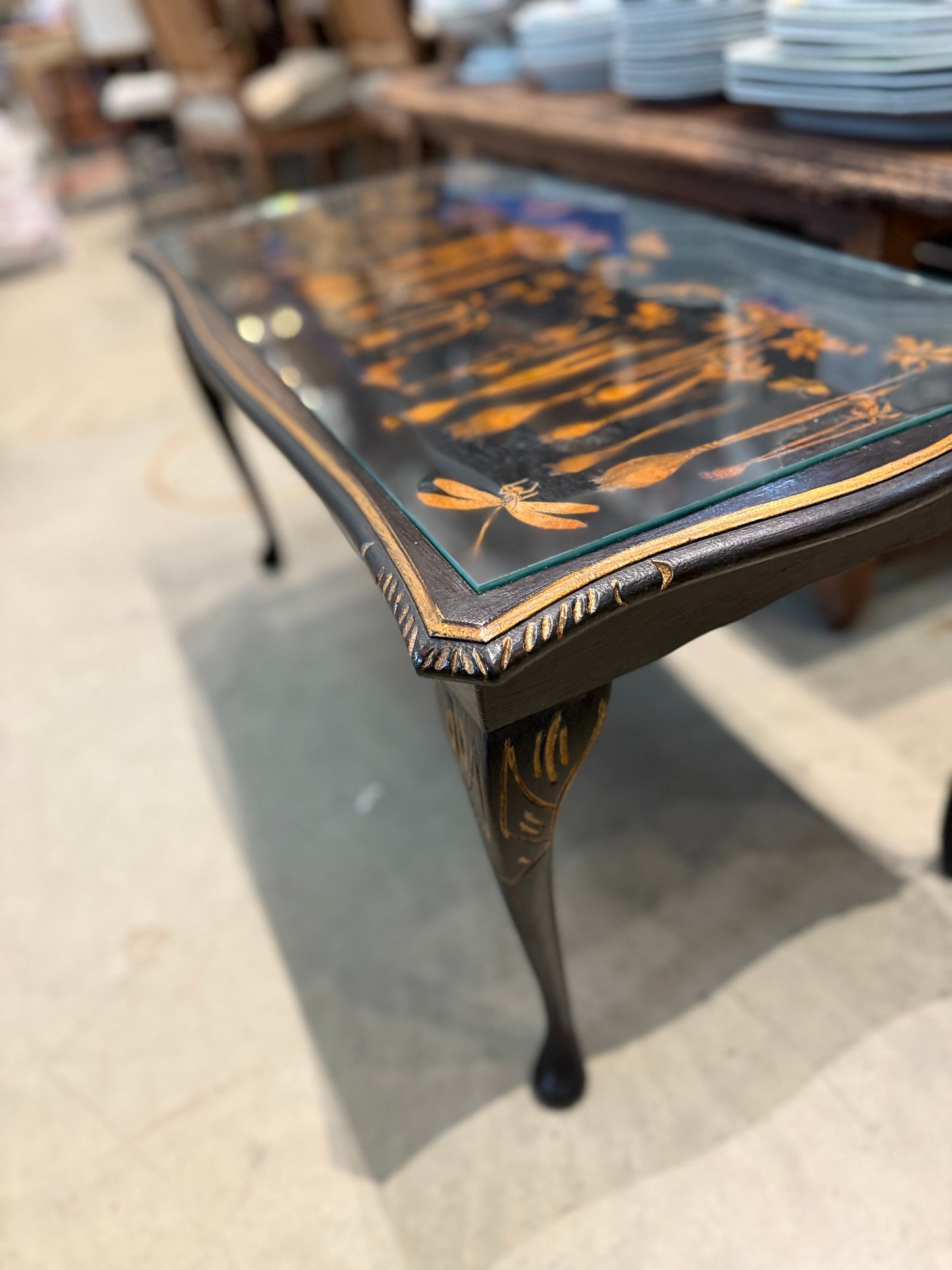 Chinoiserie Black Coffee Table with Botanical Motif