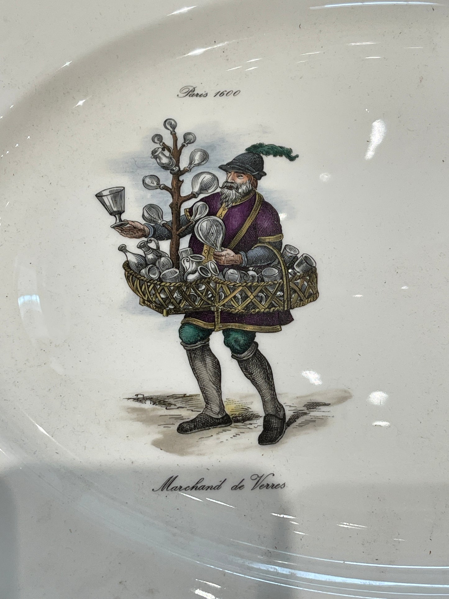 French Platter with working class figures from 1600 in the style of Limoges