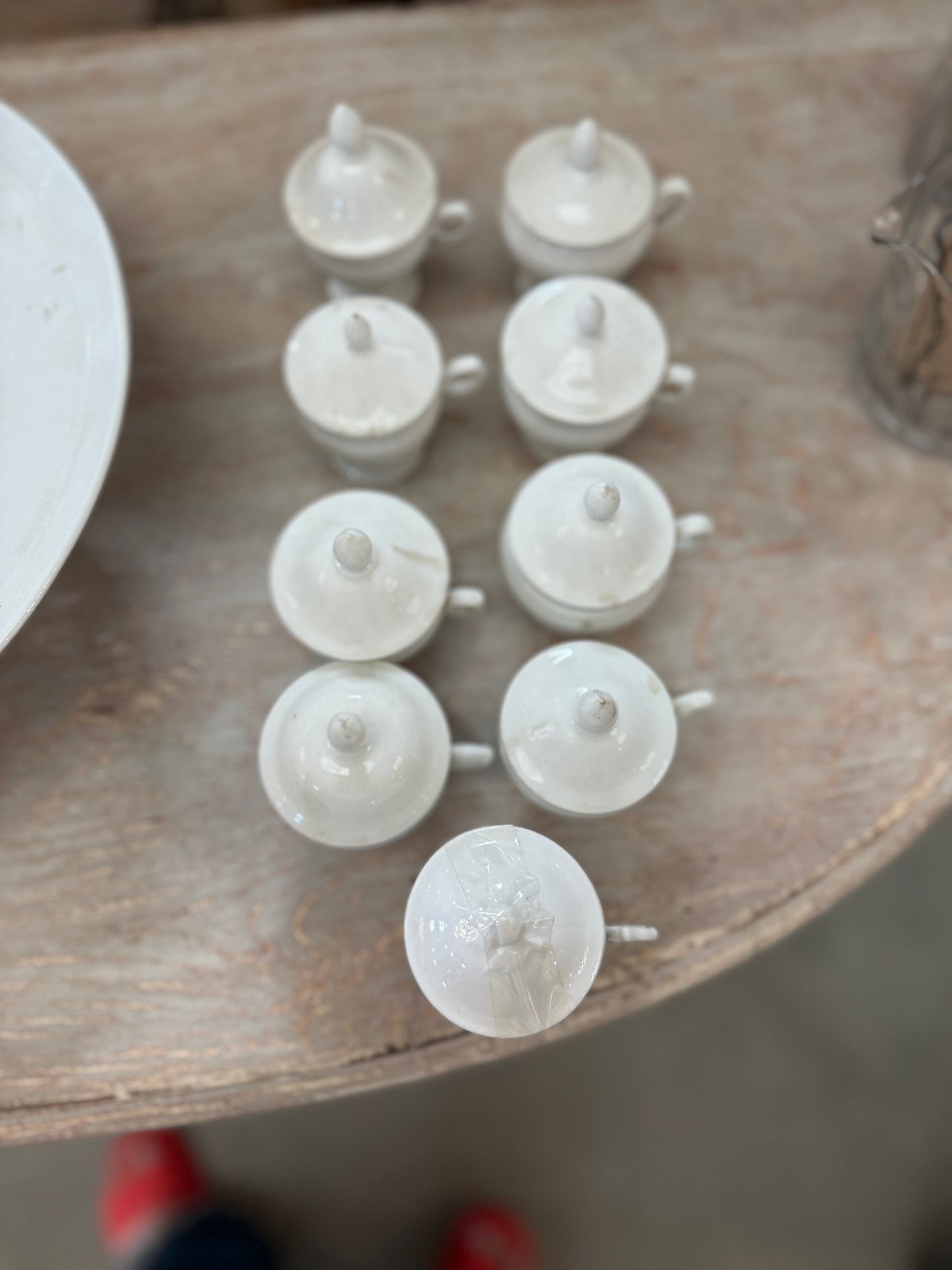Antique French White Porcelain Pots de Crème Service on Pedestal Stand – 9 Pieces