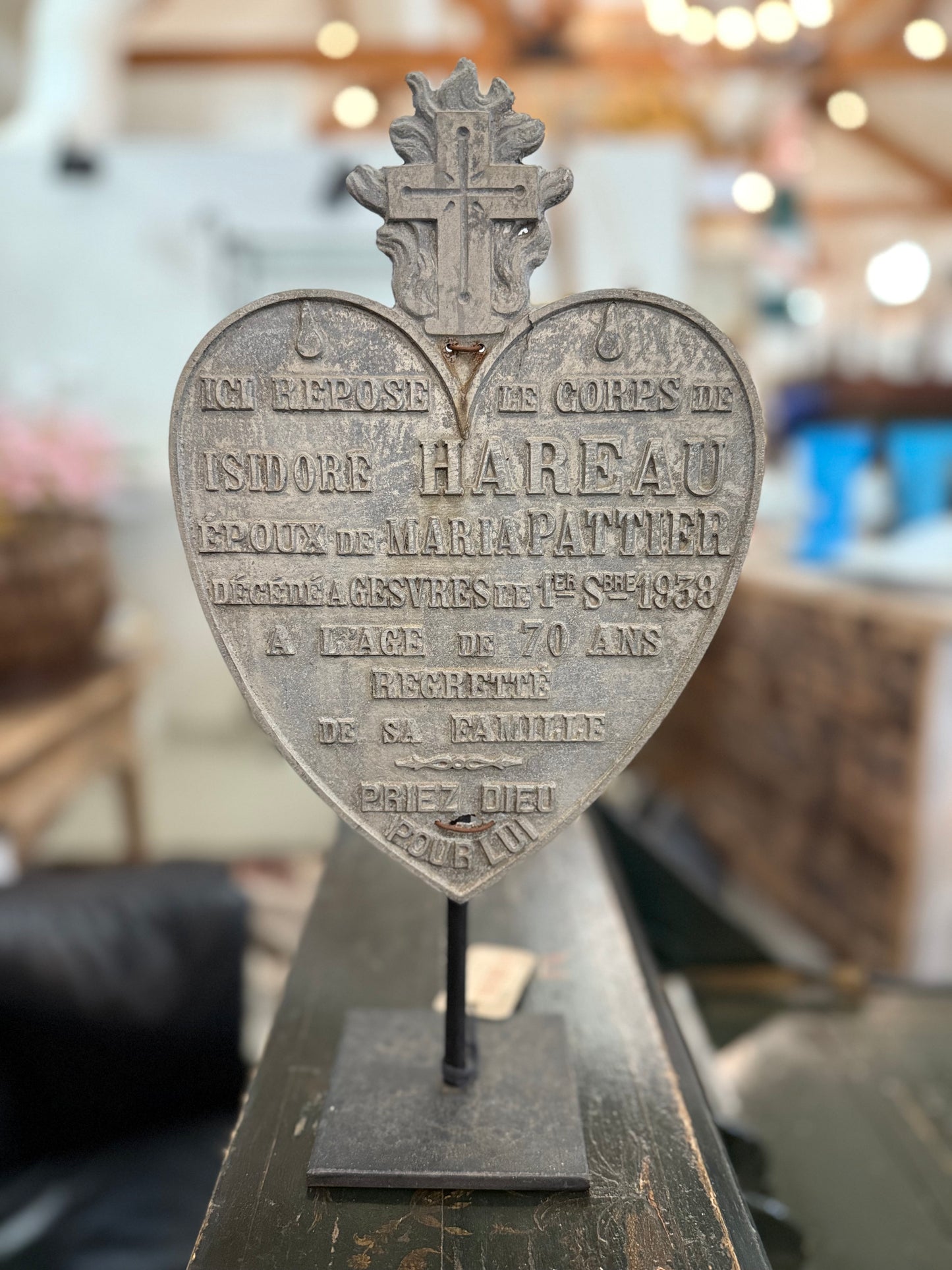 Heart on Stand Antique 1938 French Memorial Funerary Grave Marker – Isidore Hareau