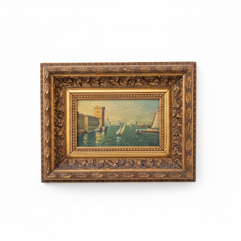 Antique European Coastal Oil Painting in Gilt Frame