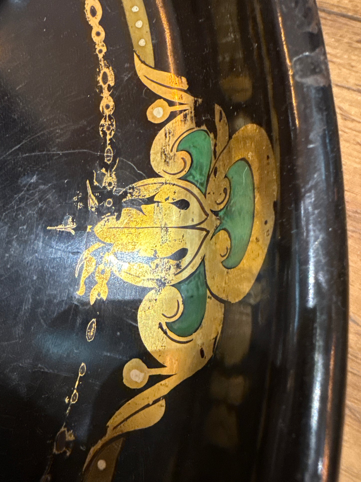 Large Black Oval Tole Tray with Gold & Green Accents