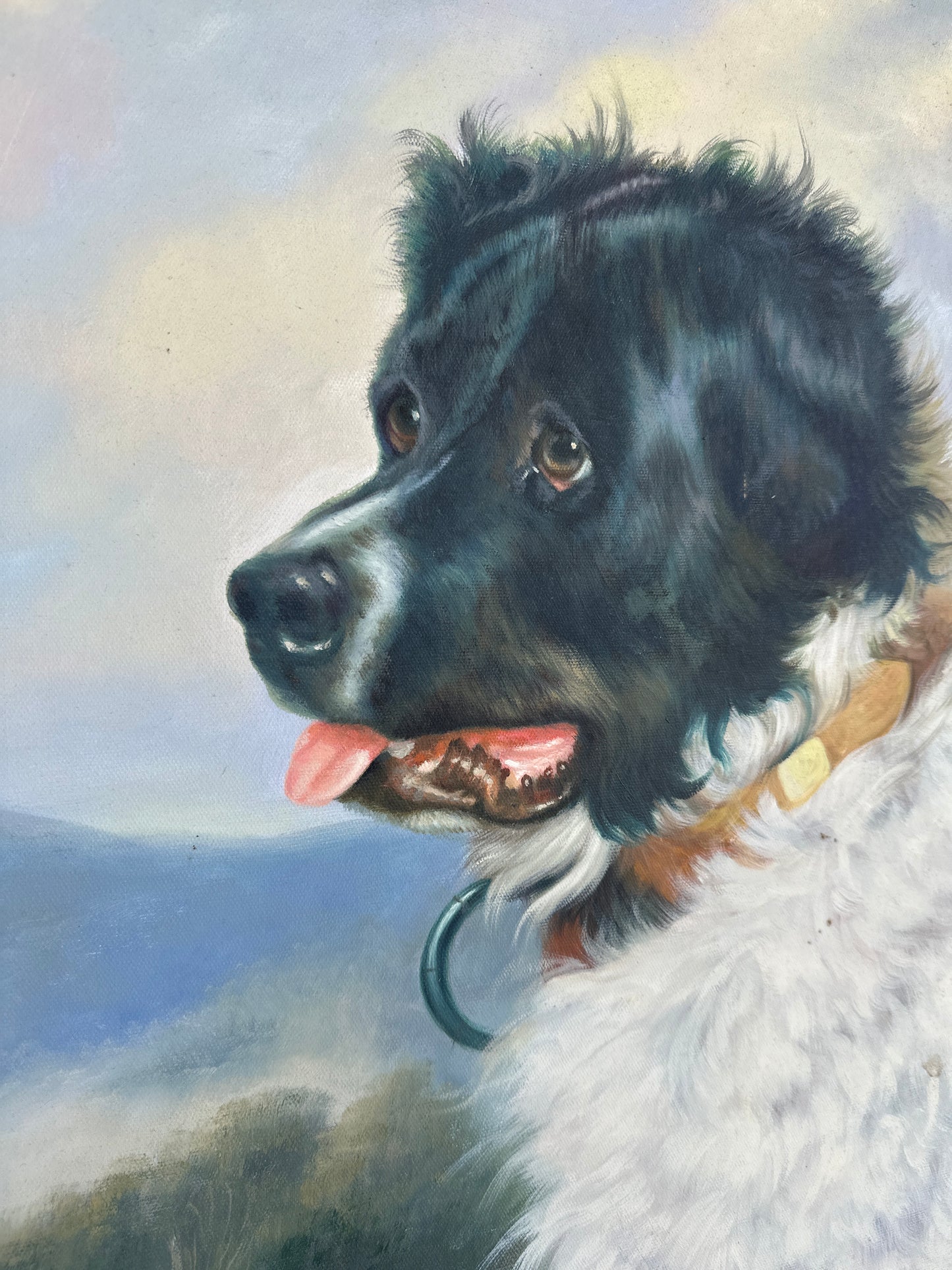 Oil on Canvas Framed Newfoundland Dog Painting after Landseer