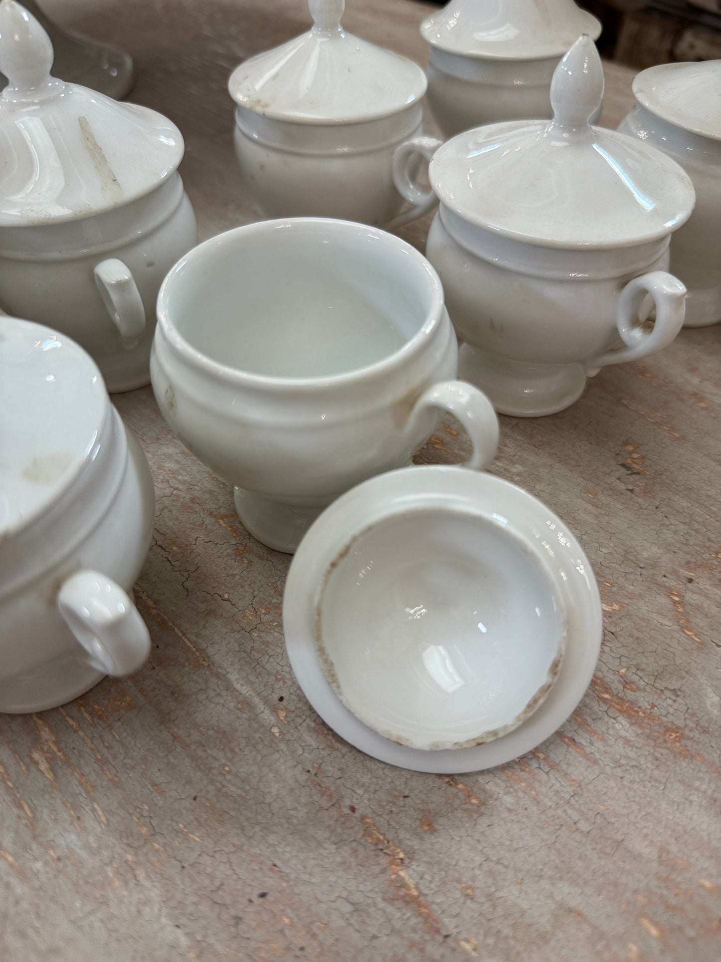 Antique French White Porcelain Pots de Crème Service on Pedestal Stand – 9 Pieces
