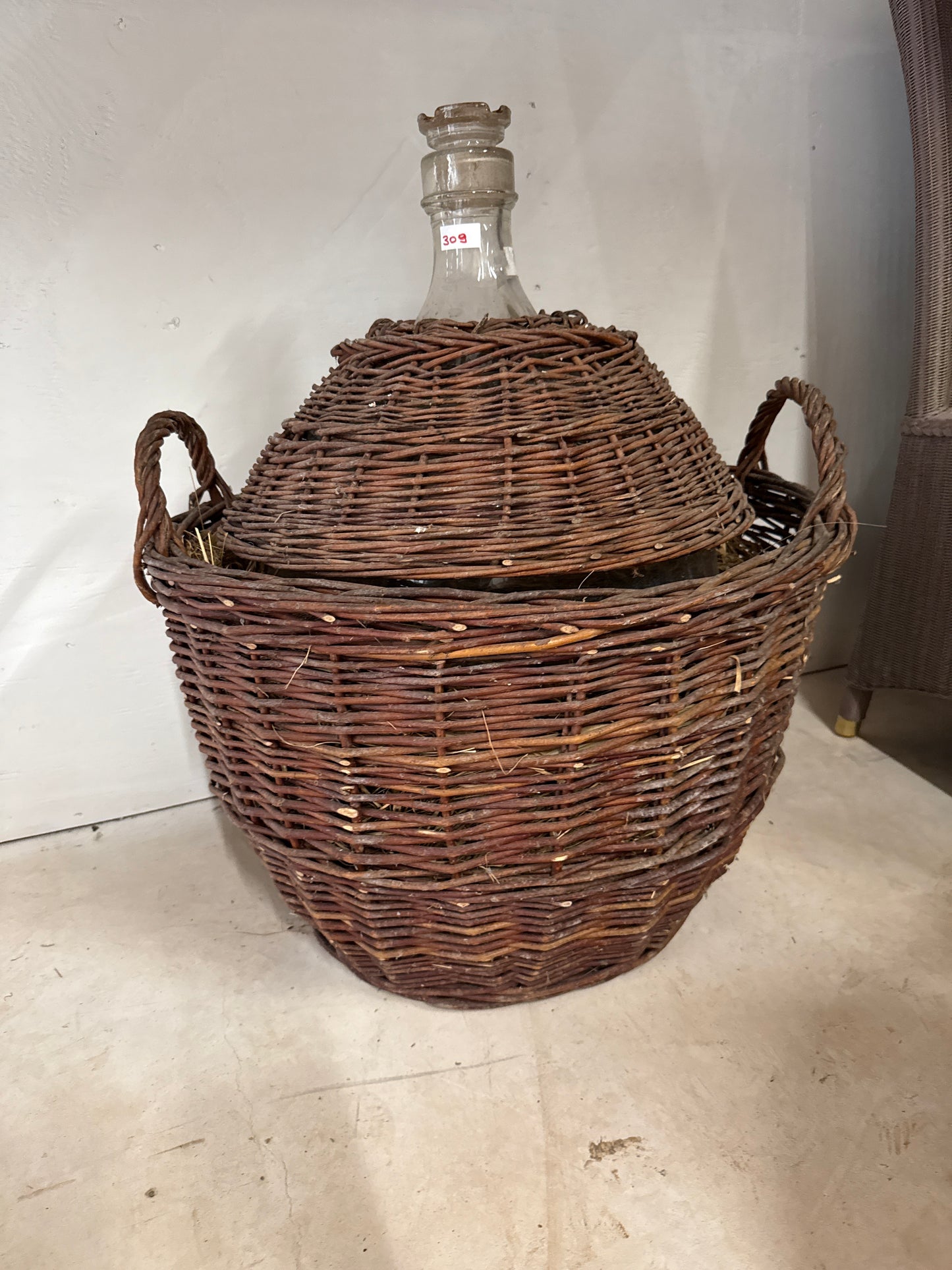 Large Glass Bottle Wrapped in Wicker with Original Top
