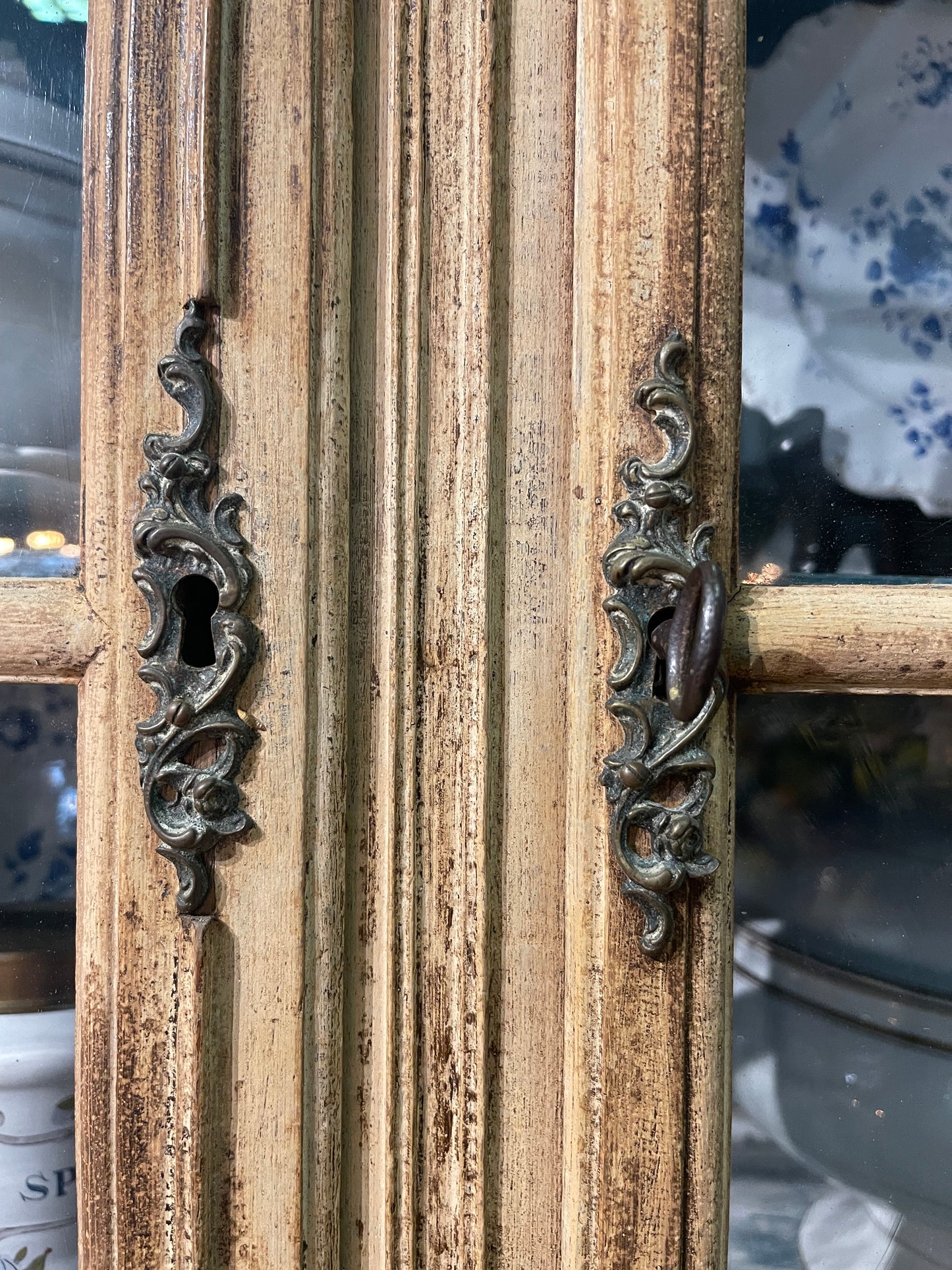 French Provincial Two Piece Hutch with Blue Interior and Original Glass