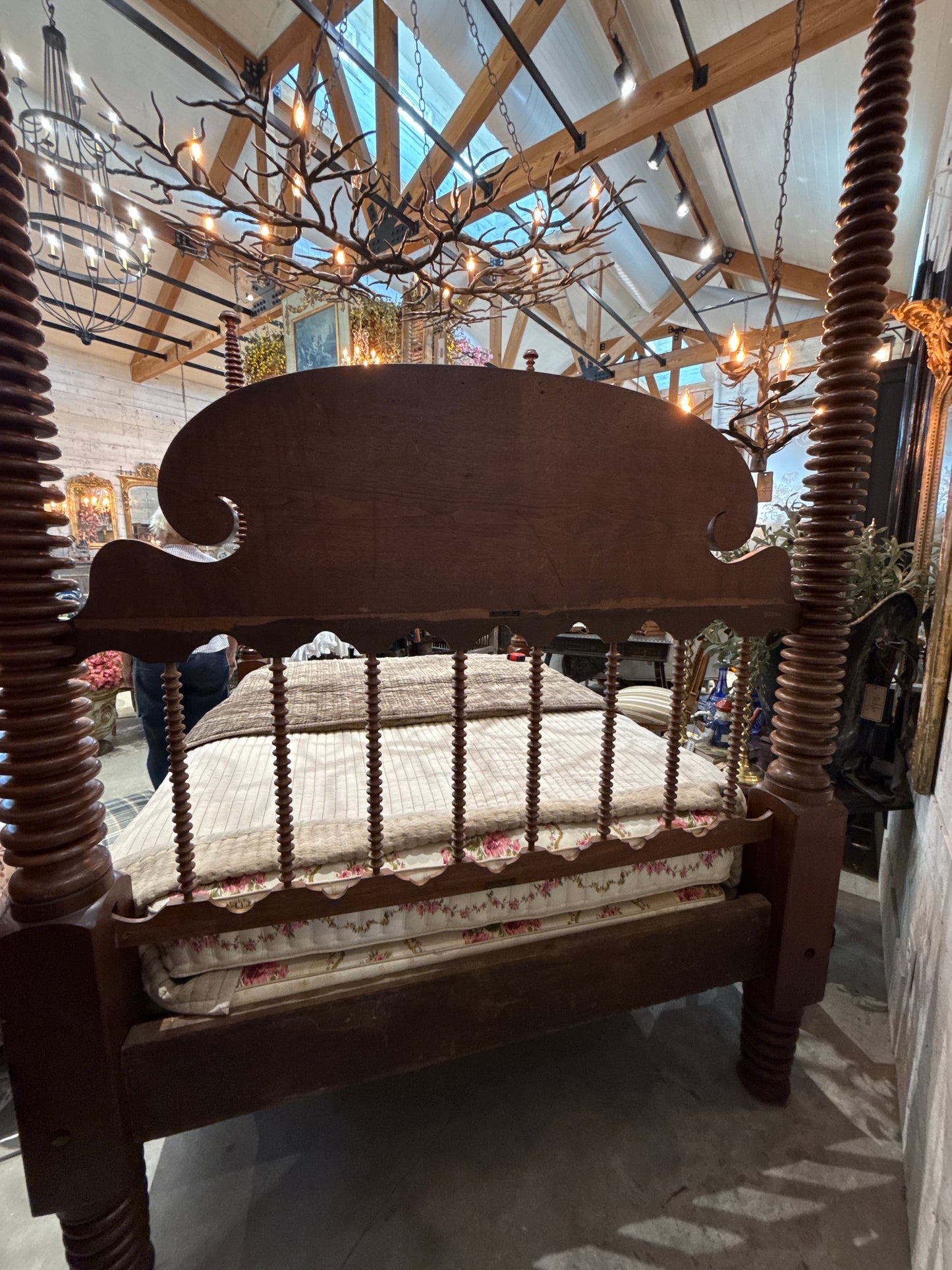 Monumental 19th Century American Empire Mahogany Bobbin Turned Four Poster Canopy Bed — 98” Tall