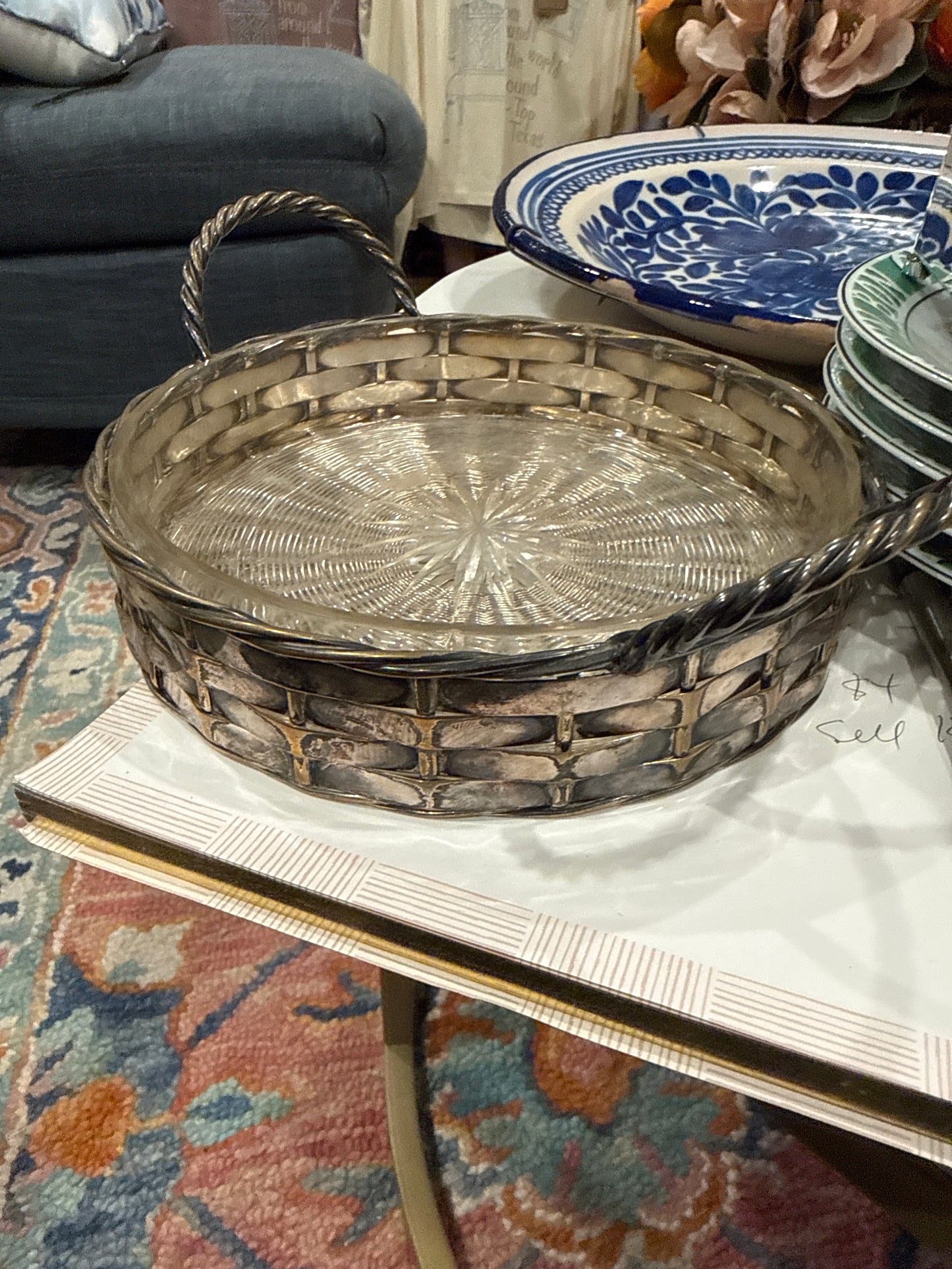 Silver Plate Bottle Coaster with Handles and Glass Liner