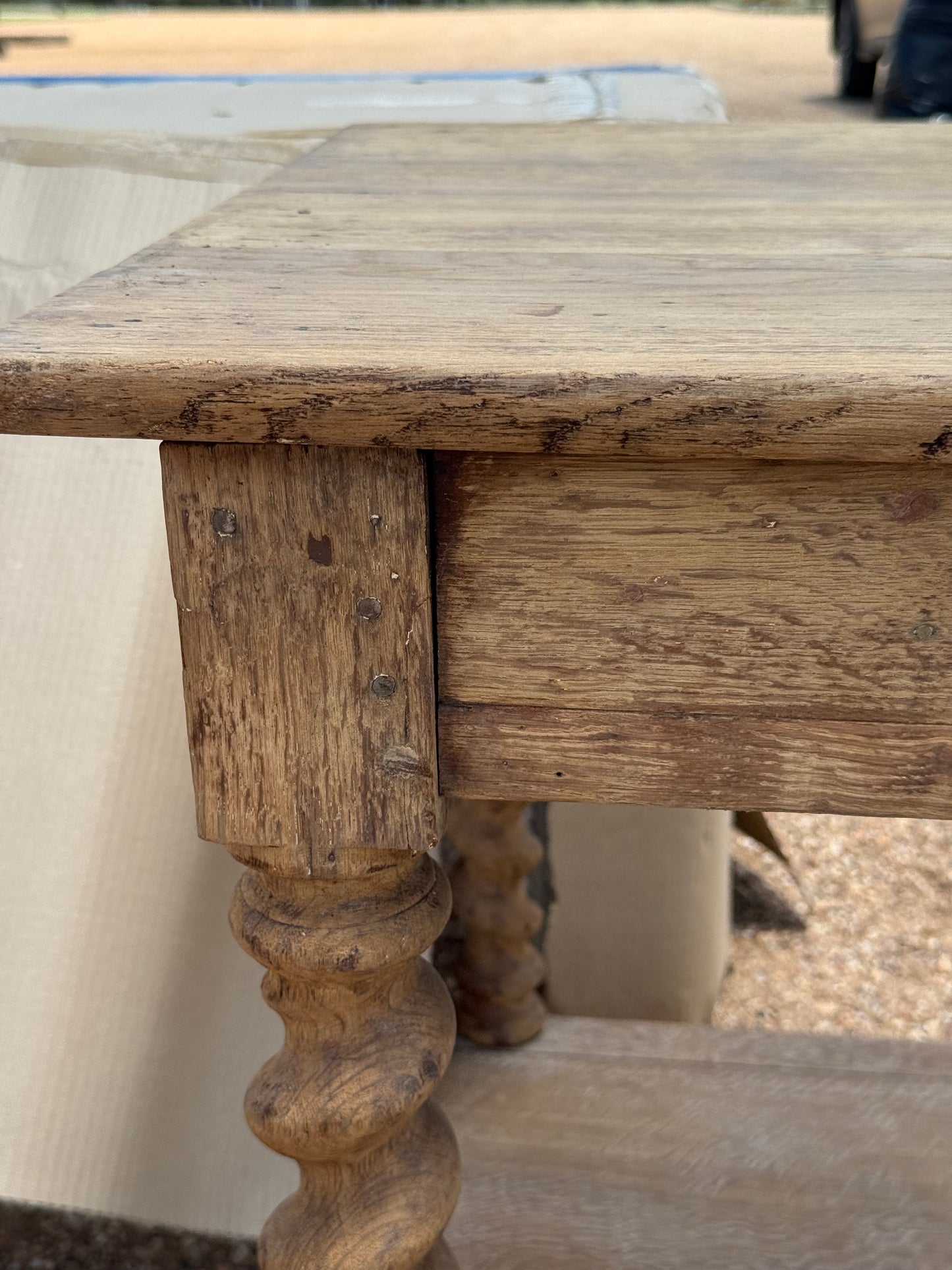 Antique Oak Barley Twisted French Drapers Table