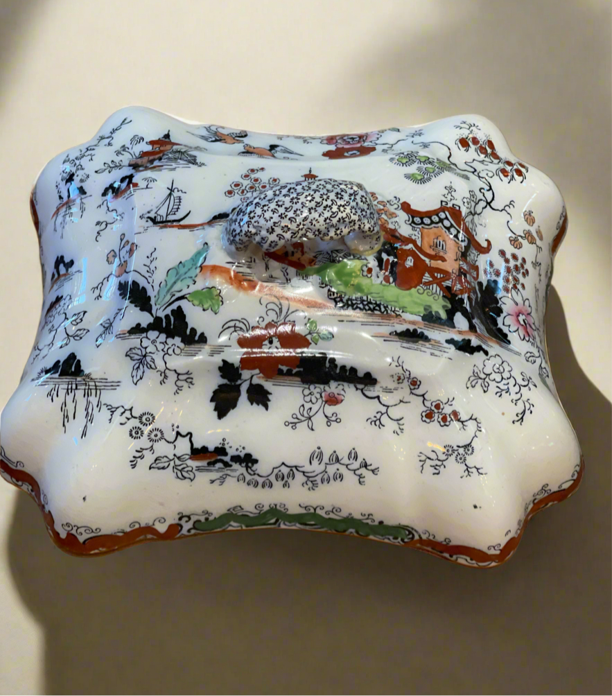 Antique 19th Century Ashworth Bros Hanley Ironstone LARGE Chinese Landscape Serving Dish Lid ONLY