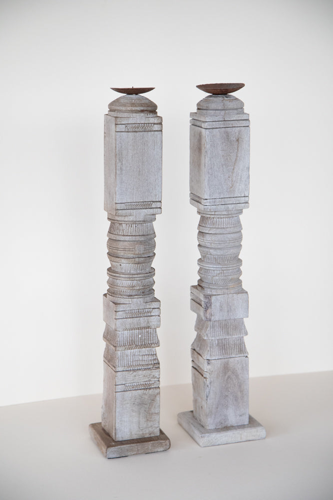 Pair Bleached Wood Carved Candle Stick - 2' Tall