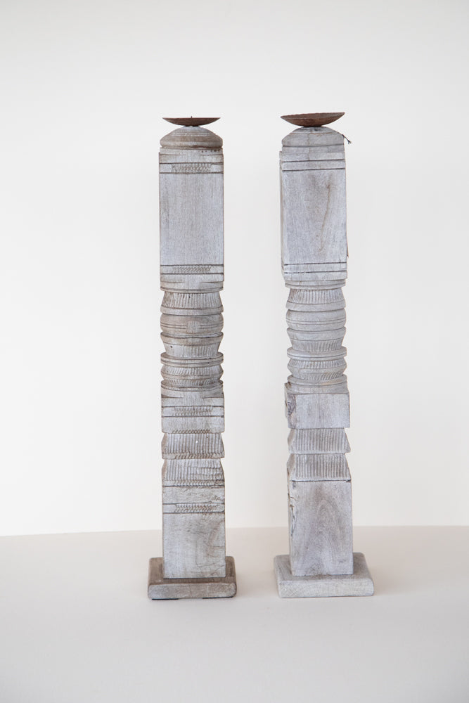 Pair Bleached Wood Carved Candle Stick - 2' Tall