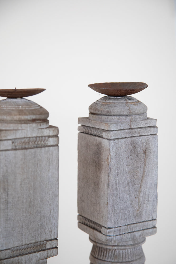 Pair Bleached Wood Carved Candle Stick - 2' Tall