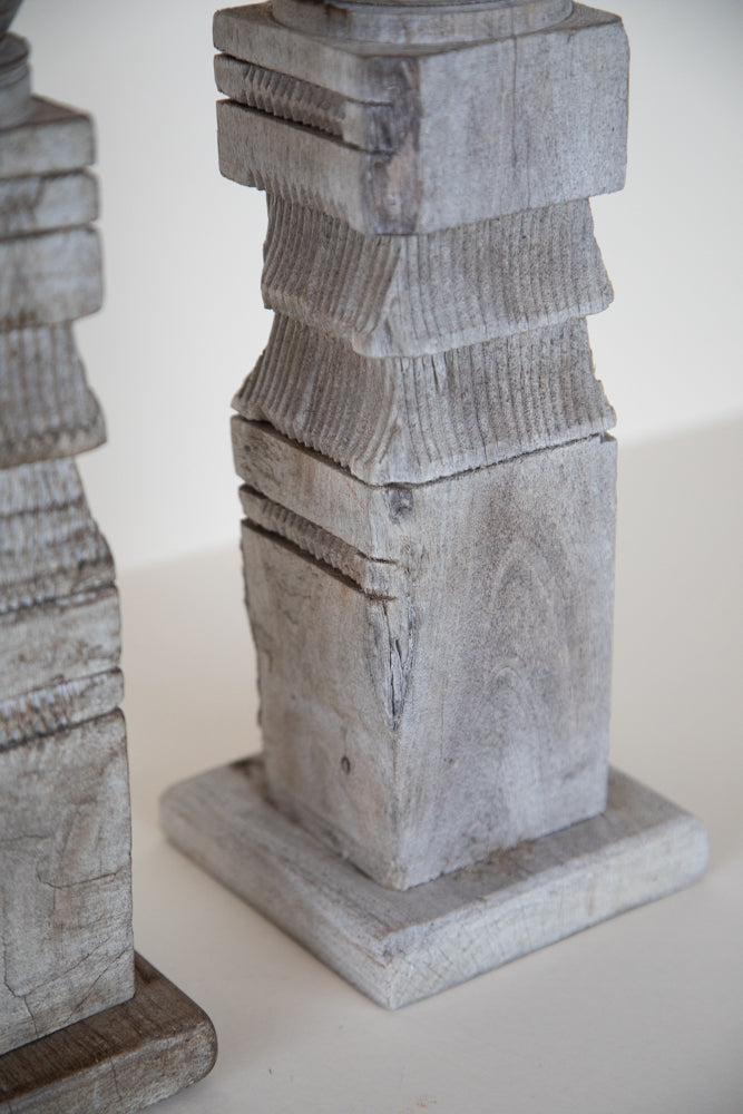 Pair Bleached Wood Carved Candle Stick - 2' Tall