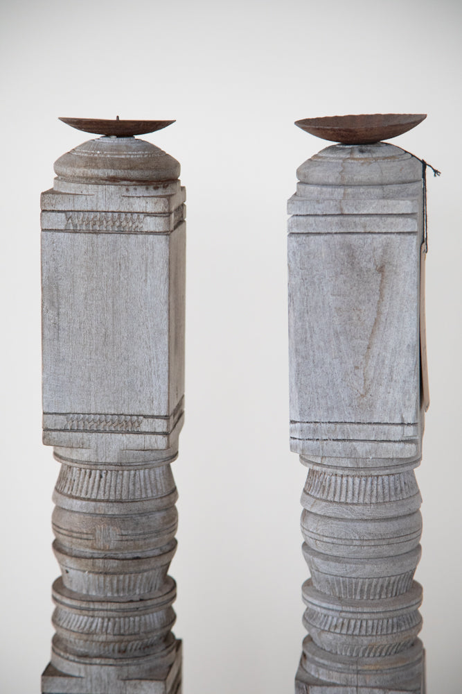 Pair Bleached Wood Carved Candle Stick - 2' Tall