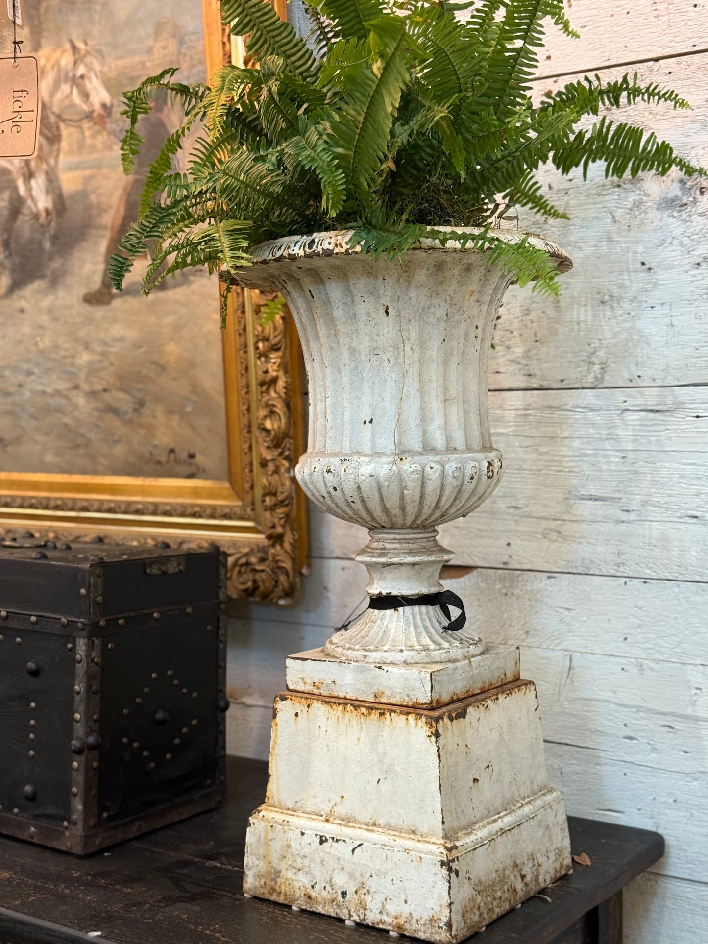 White Cast Iron Urn on Pedestal 27"H x 15"W