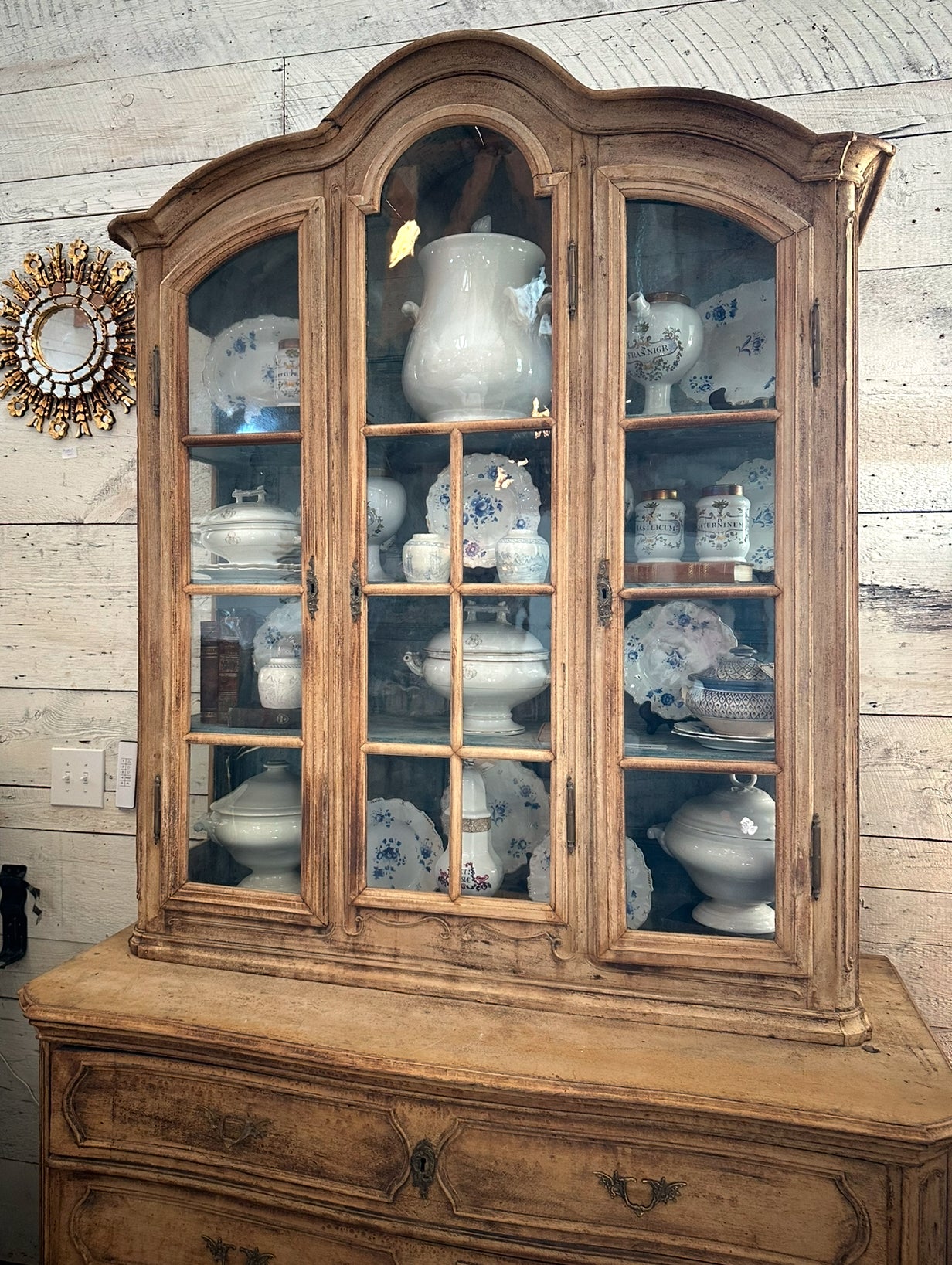 French Provincial Two Piece Hutch with Blue Interior and Original Glass