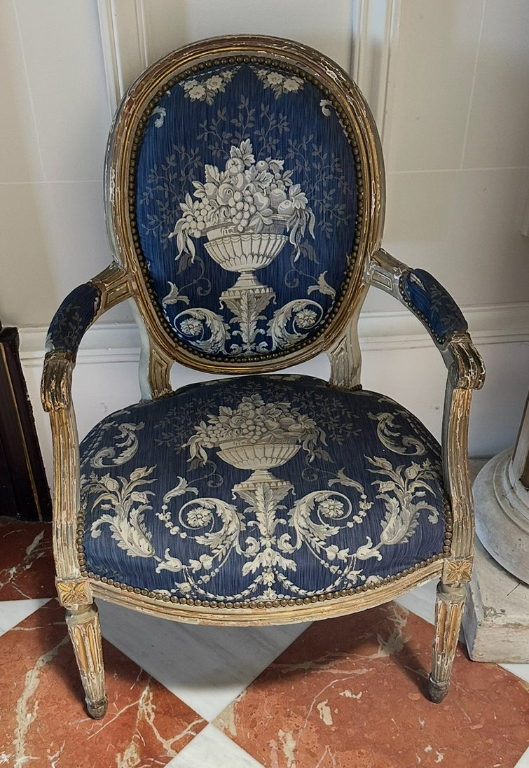 Antique French Louis XVI Style Armchair with Carved Frame & Urn Motif Upholstery