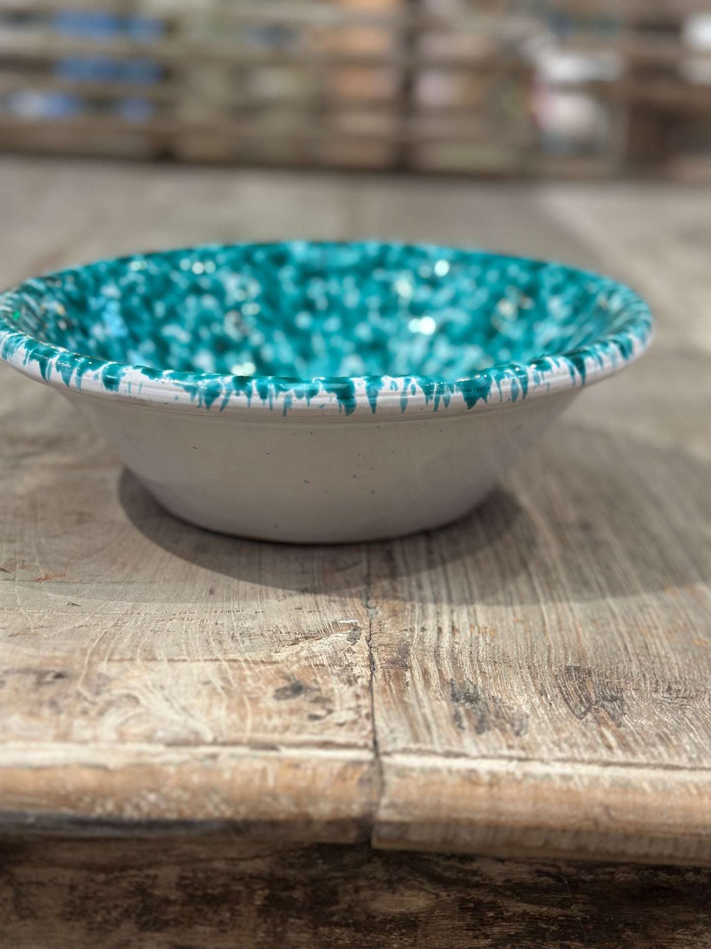 Small Italian Green Spongeware Bowl with White Glaze