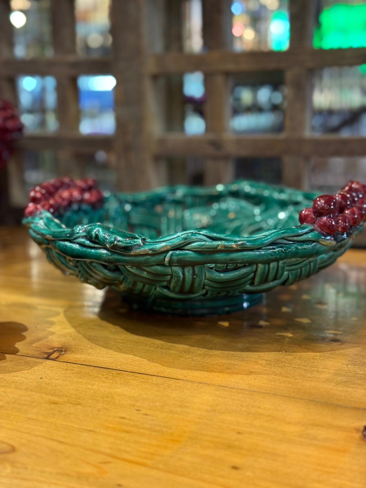 Green Ceramic Basket with Cherries Emile Tessier