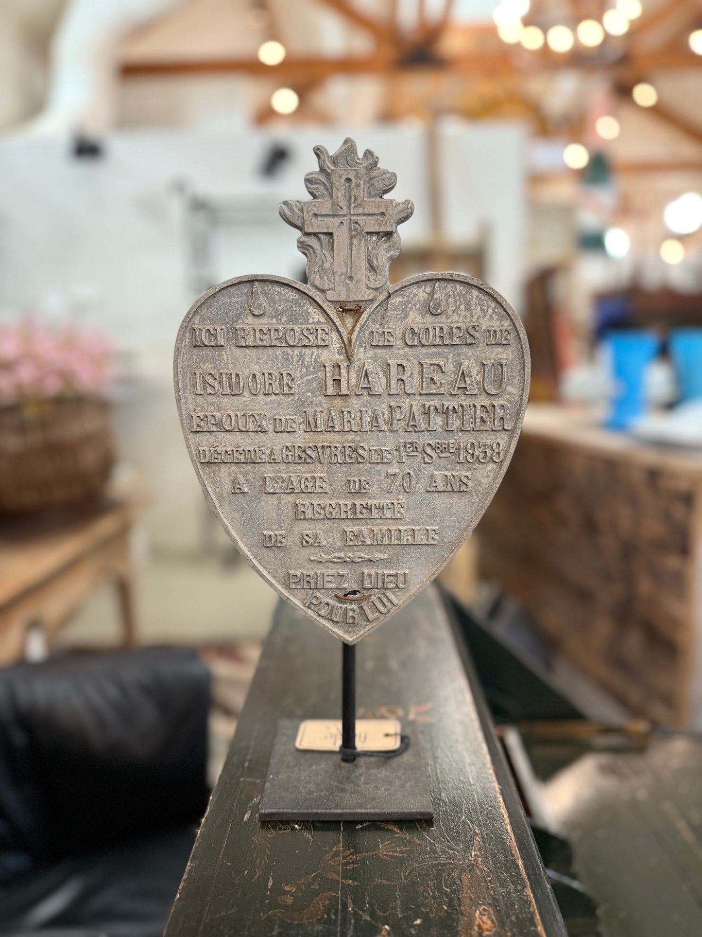 Heart on Stand Antique 1938 French Memorial Funerary Grave Marker – Isidore Hareau