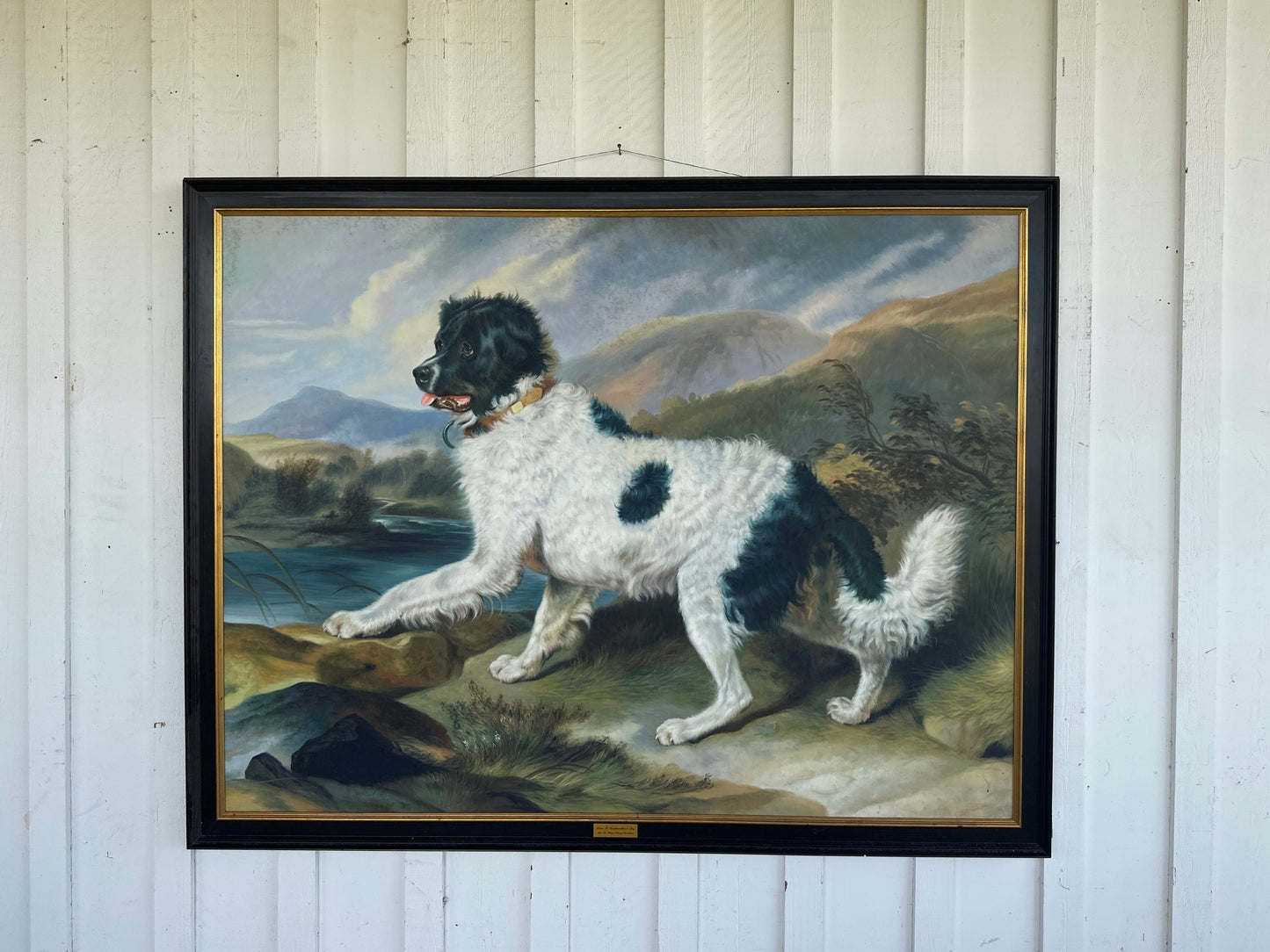 Oil on Canvas Framed Newfoundland Dog Painting after Landseer