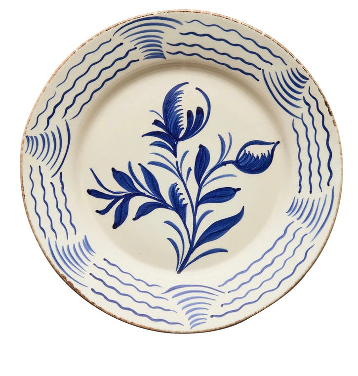 Casa Nuno Blue and White Dinner Plate, Flowers/Waves