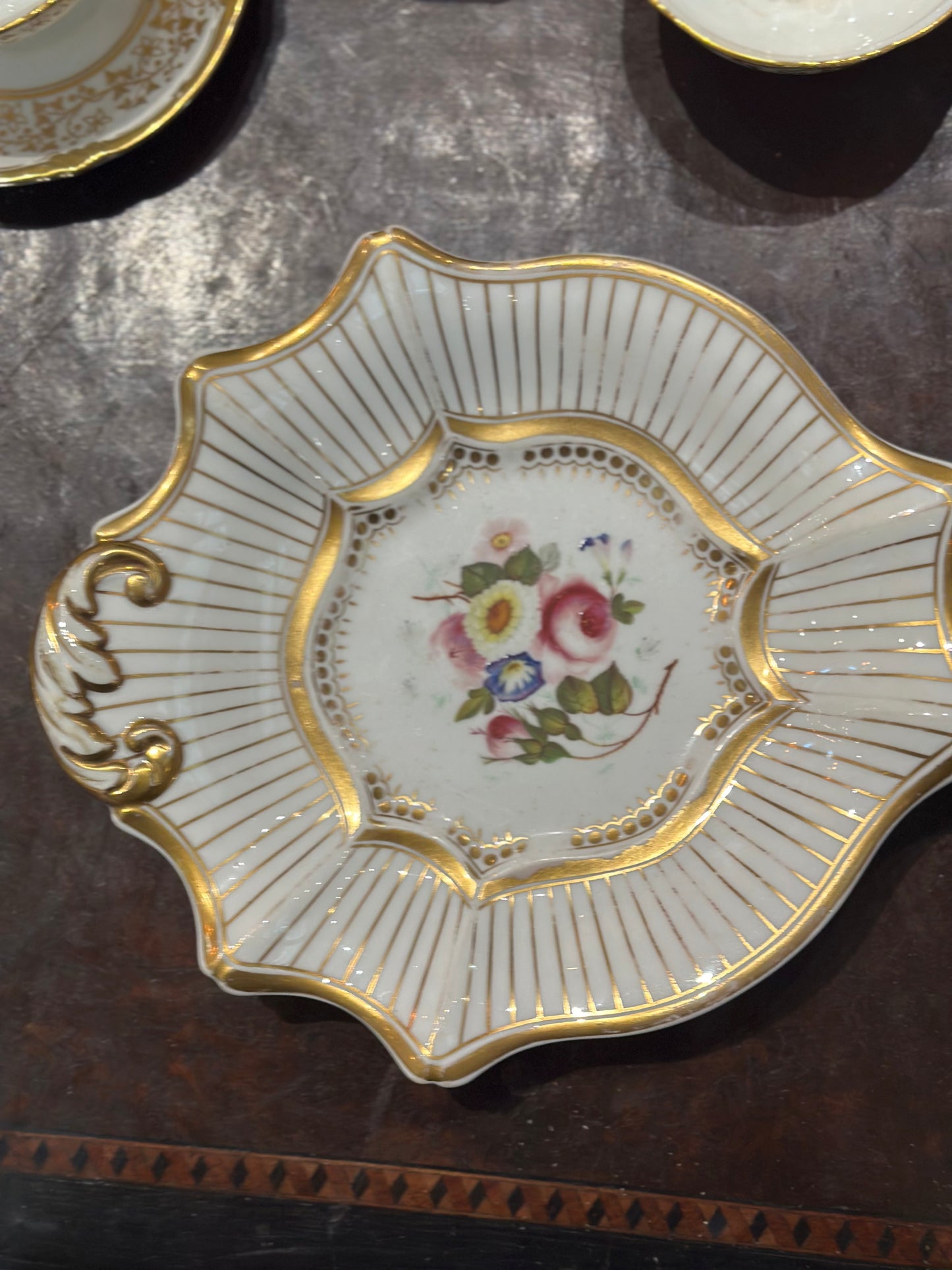 Antique Porecelain Dessert Plate with Gilded Detail and Hand Painted Florals