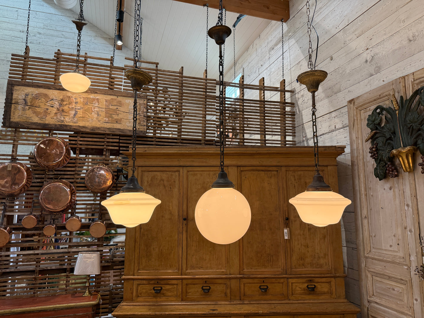 Rare 1930s Globe Schoolhouse Pendant Light with Original Forged Iron Chain